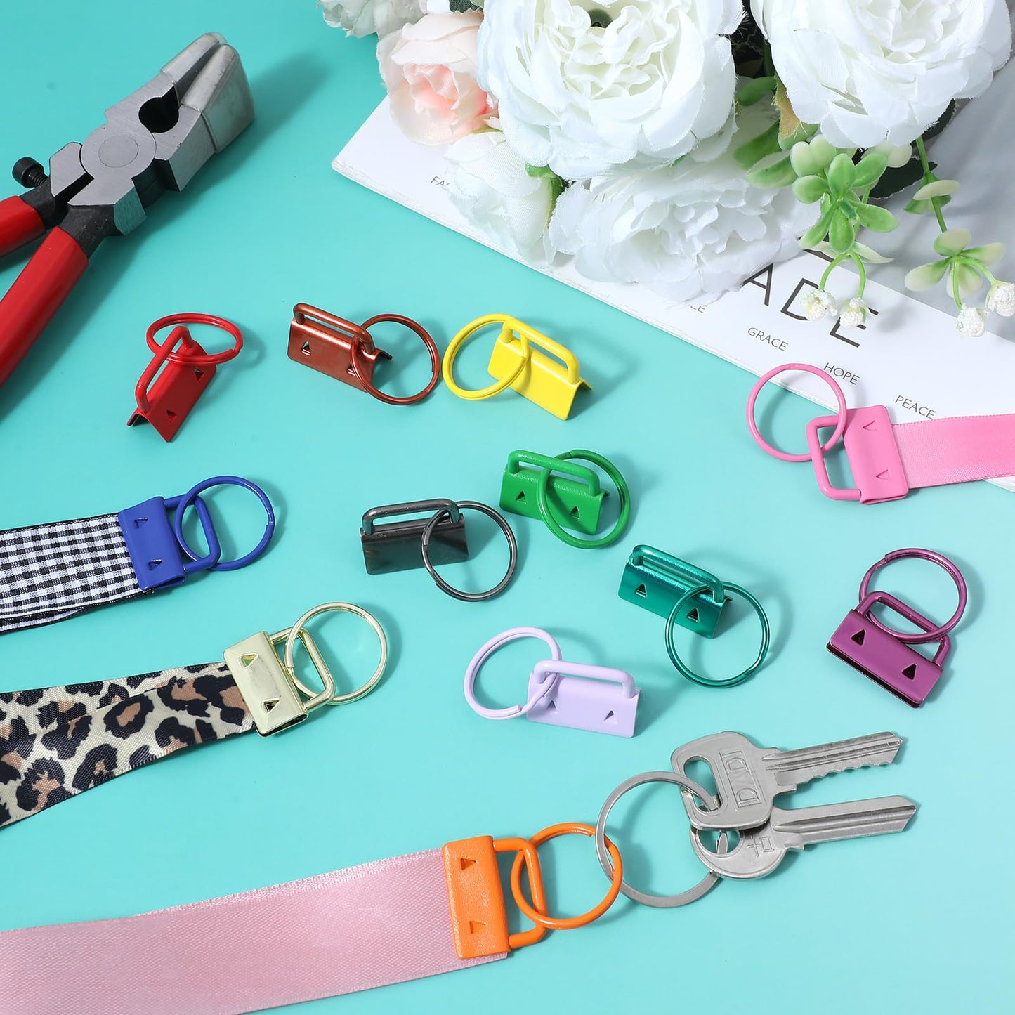 36 Pcs 1 Inch Key Fob Hardware Set with 1 Pcs Key Fob Pliers - 12 Colors Wristlet Hardware & Keychain Clamp Kit for DIY Wristlet Keychain and Lanyard Making Supplies