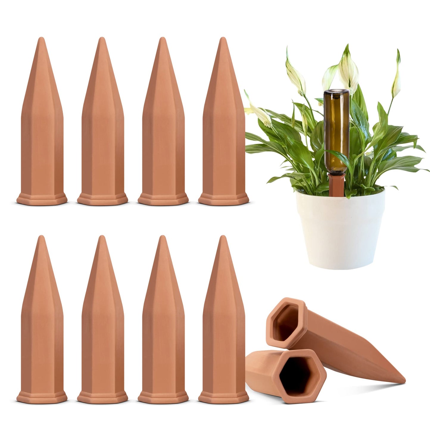 VIVOSUN 10Pcs Self-Watering Spikes, 7 Inch Hexagonal Terracotta Watering Stakes, Auto-Water Device, Planter Insert for Indoor & Outdoor Potted Plants, 10-Pack