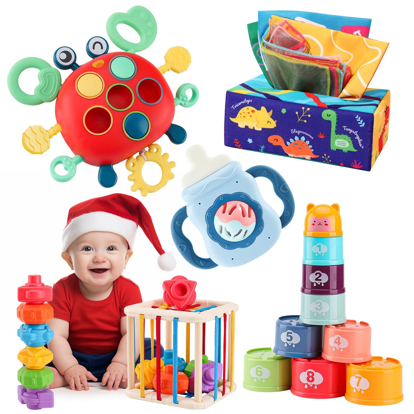 KADAYAYA Montessori Baby Toy for 18 Months, Teether Rattle Tissue Box Pull String Crab Toy, Infant Sensory Toys Shape Storage Bin,Stacking Cup Toy Gift for Toddlers Boys Girls 1 2 3 Year Old