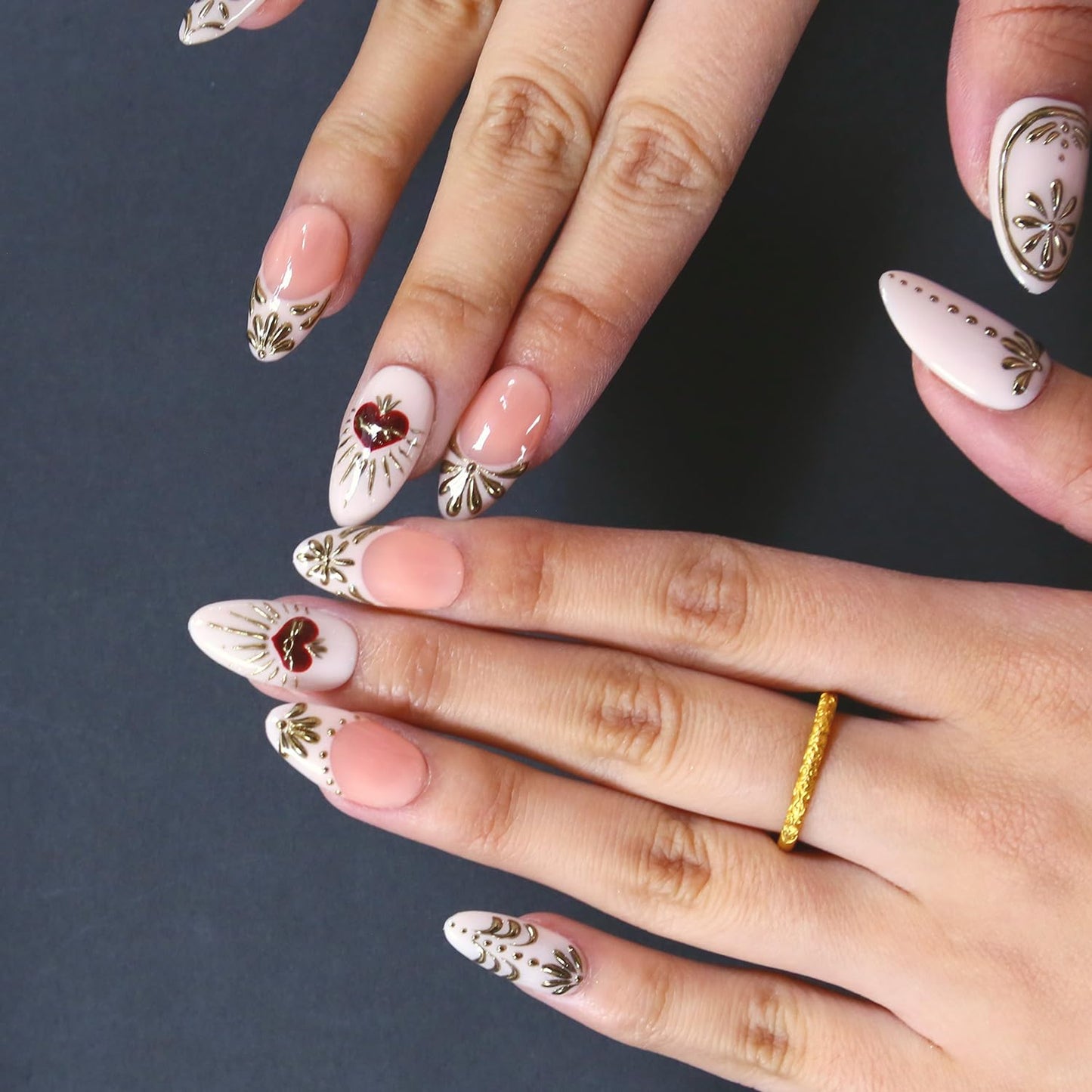 Oval Press On Nails - Medium Length Almond Handmade Unique Fake Nails, Short Thick Acrylic and Muti-Layer Gel False Nails, Valentine's Day press ons (Size S)