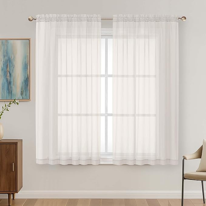 OVZME Ivory Sheer Curtains 63 Inches Long 2 Panels Set, Light Filtering Sheer Curtains for Living Room Bedroom 59 Inch Extra Wide, Modern Voile Filmy Rod Pocket Window Drapes, 59Wx63L Inches