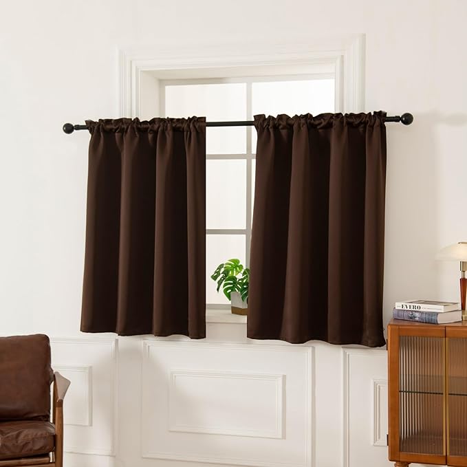Pickluc Rod Pocket Tier Curtain - Half Blackout Curtain for Kitchen, Bathroom, Cabinet, Basement, 42 Inches Wide and 24 Inches Long, Chocolate Brown, 2 Panels