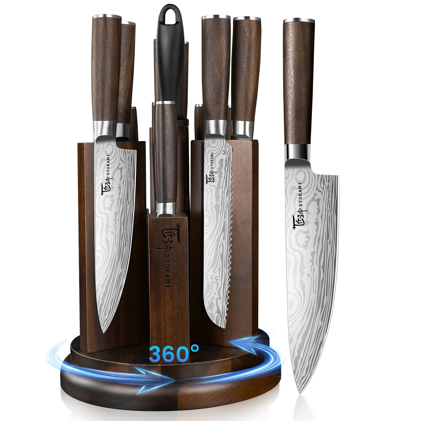 SYOKAMI 2026 Upgrade Knife Set 14 Piece Japanese Style Kitchen Knife Set With 360° Rotatable Magnetic Block, Sharp High Carbon Stainless Steel Knives Sets with Steak Knives and Sharpener, Gift for Mom