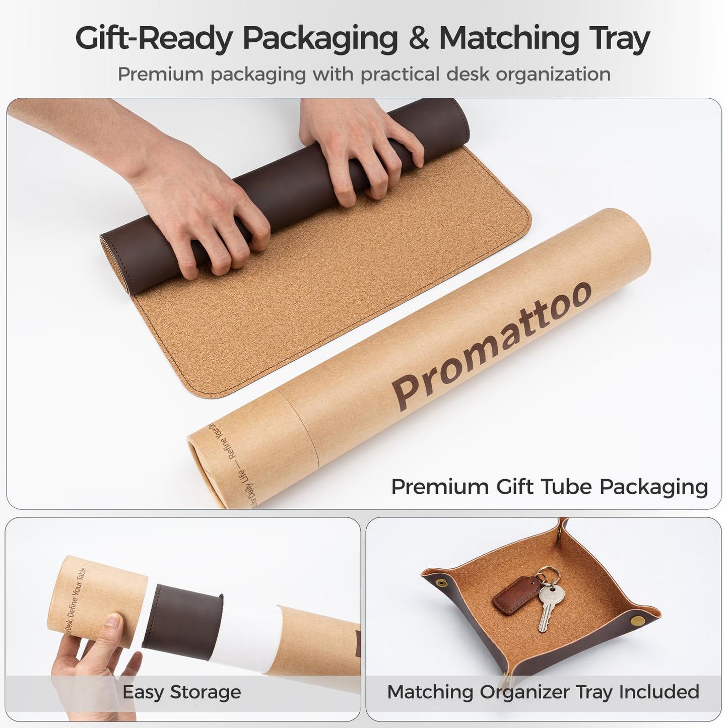 Premium Faux Leather Desk Mat & Tray Set，Innovative Cork-Look Printed Base，Gift Tube Packaging，Full-Desk Coverage，Non-Slip Desk Pad for Office Home（Espresso Brown）