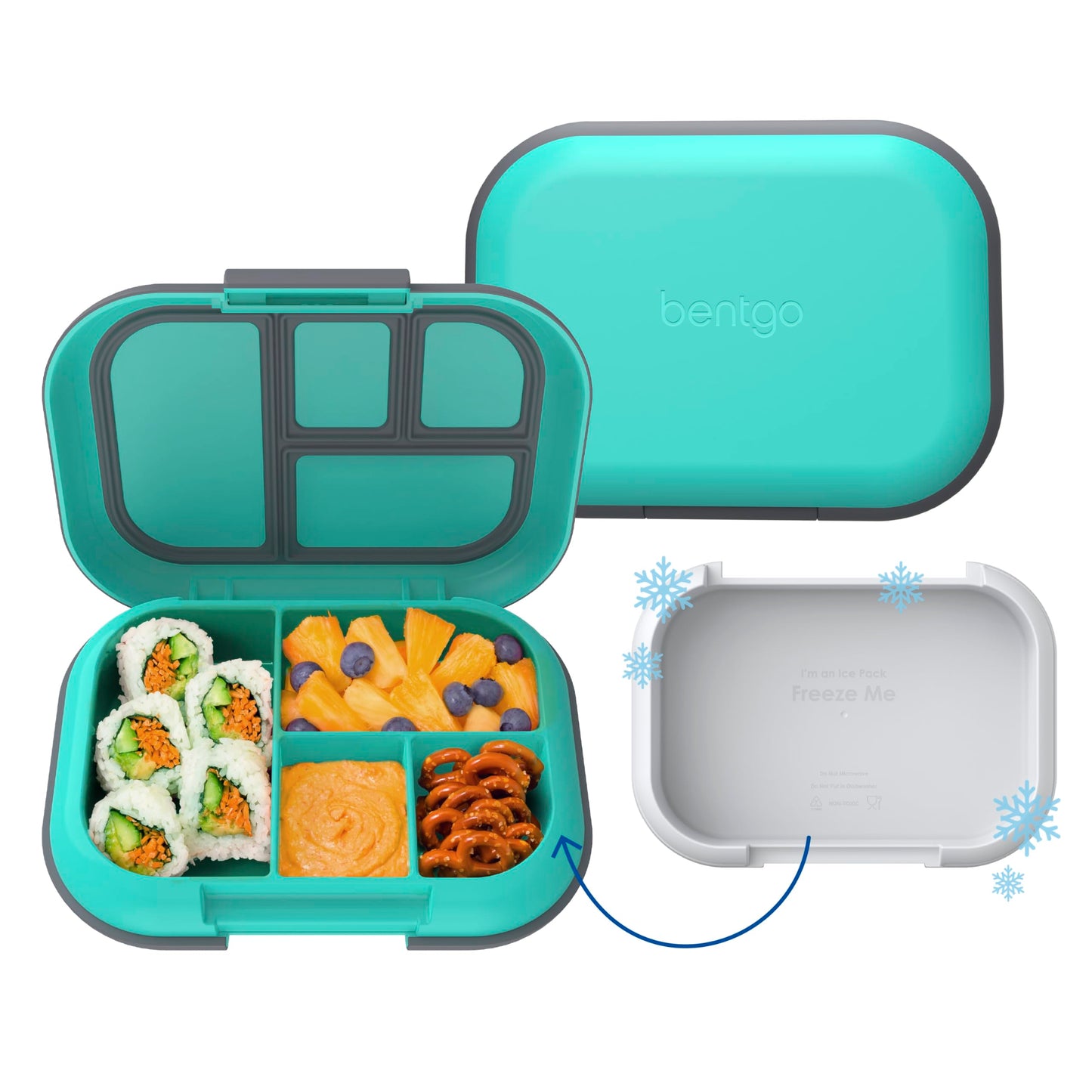 Bentgo Chill Kids Leak-Proof Lunch Box - 4-Compartment Bento Box with Built-In Ice Pack, 3.3 Cup Capacity, PFAS & BPA-Free, Microwave & Dishwasher Safe, Ideal Size for Ages 3 to 7 (Electric Aqua)