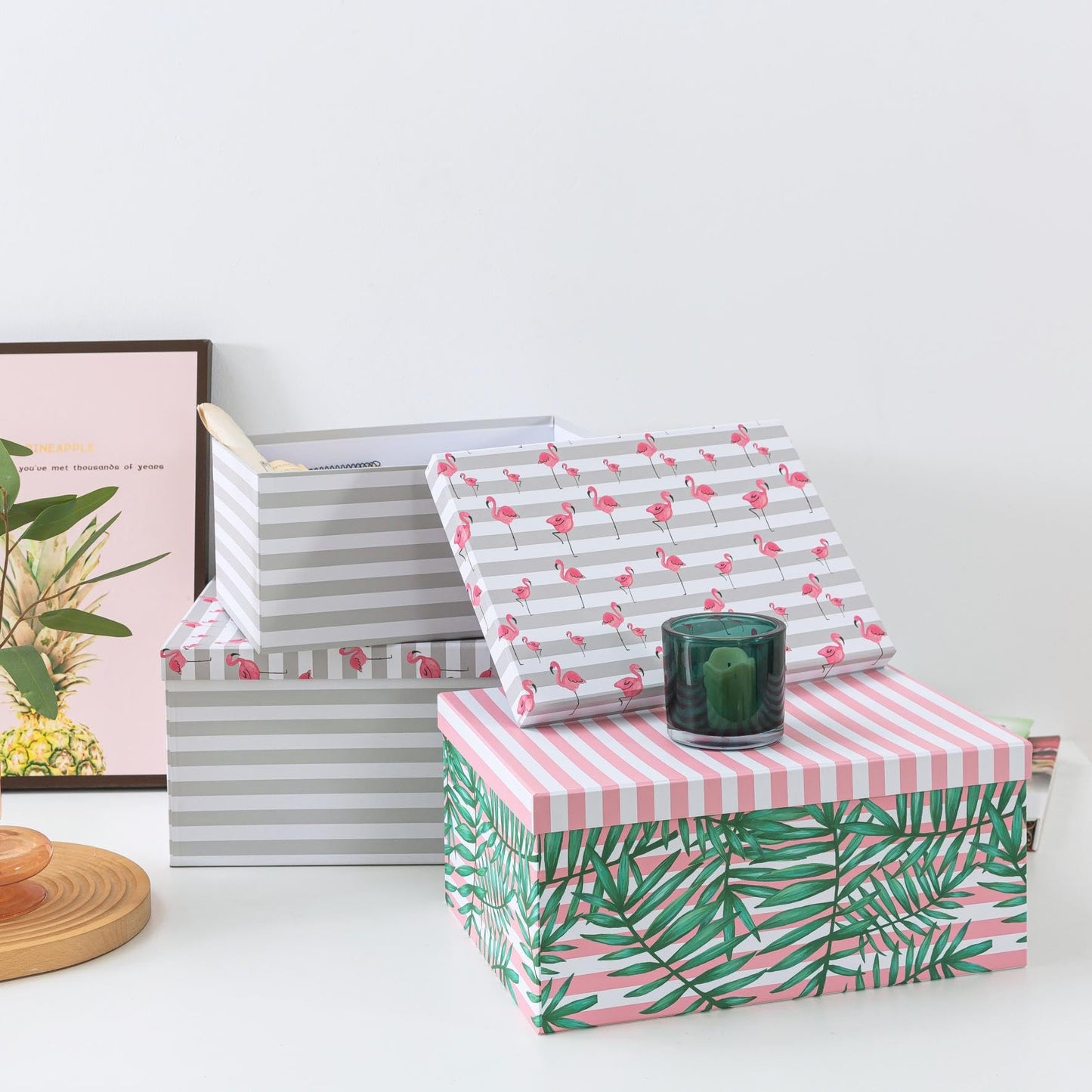 SLPR Decorative Cardboard Storage Boxes With Lids For Home Décor, Set of 3 Pink Flamingo Paperboard Nesting Gift Boxes, Palm Leaves Large Picture and Photo Storage for Keepsakes
