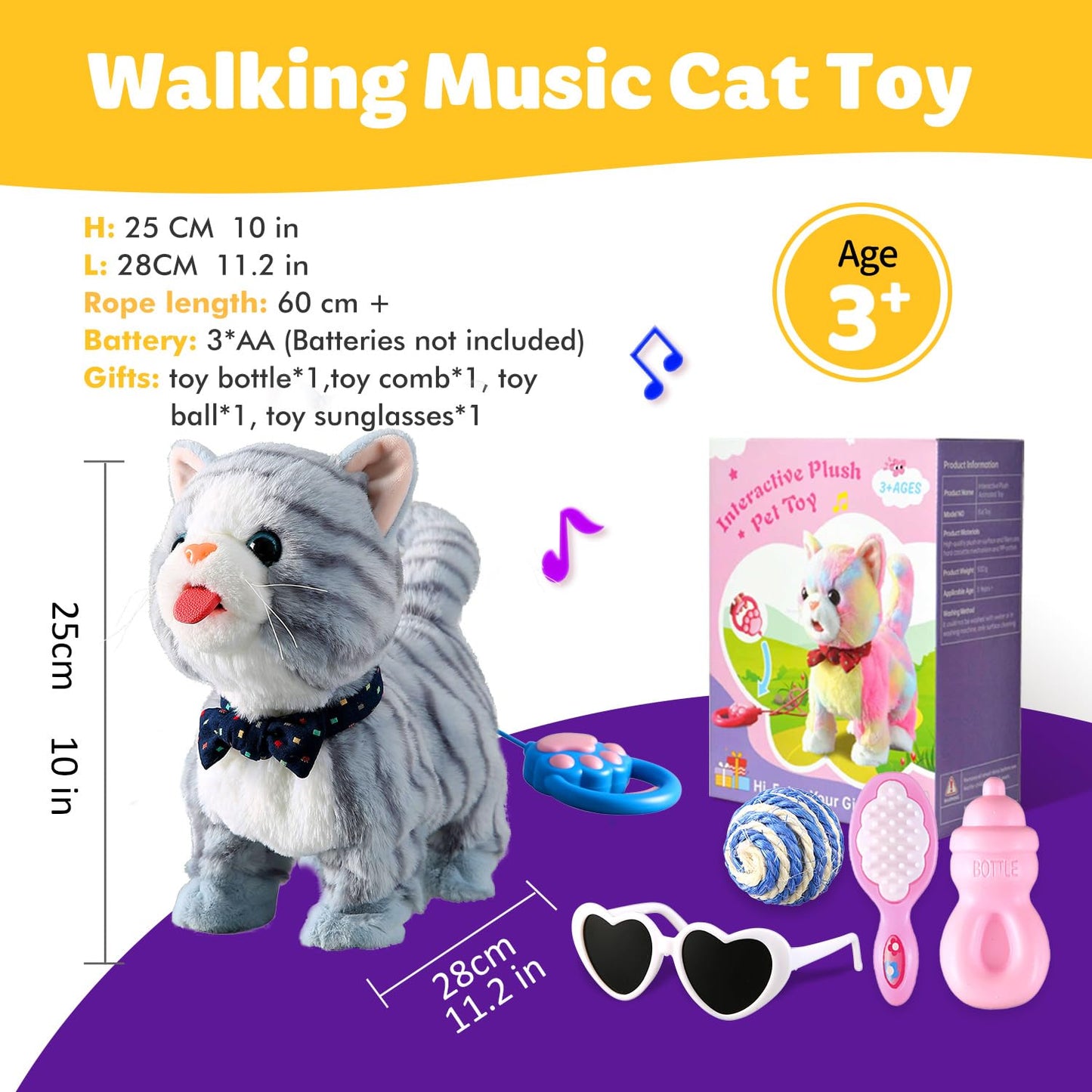 Gray Walking Cat Toy for Girls Kittens Interactive Talking Cat Meows Singing Dancing Mimicking Kitty Toys Set for Baby with Leash Plush Electronic Robot Kitties for Kids Toddlers