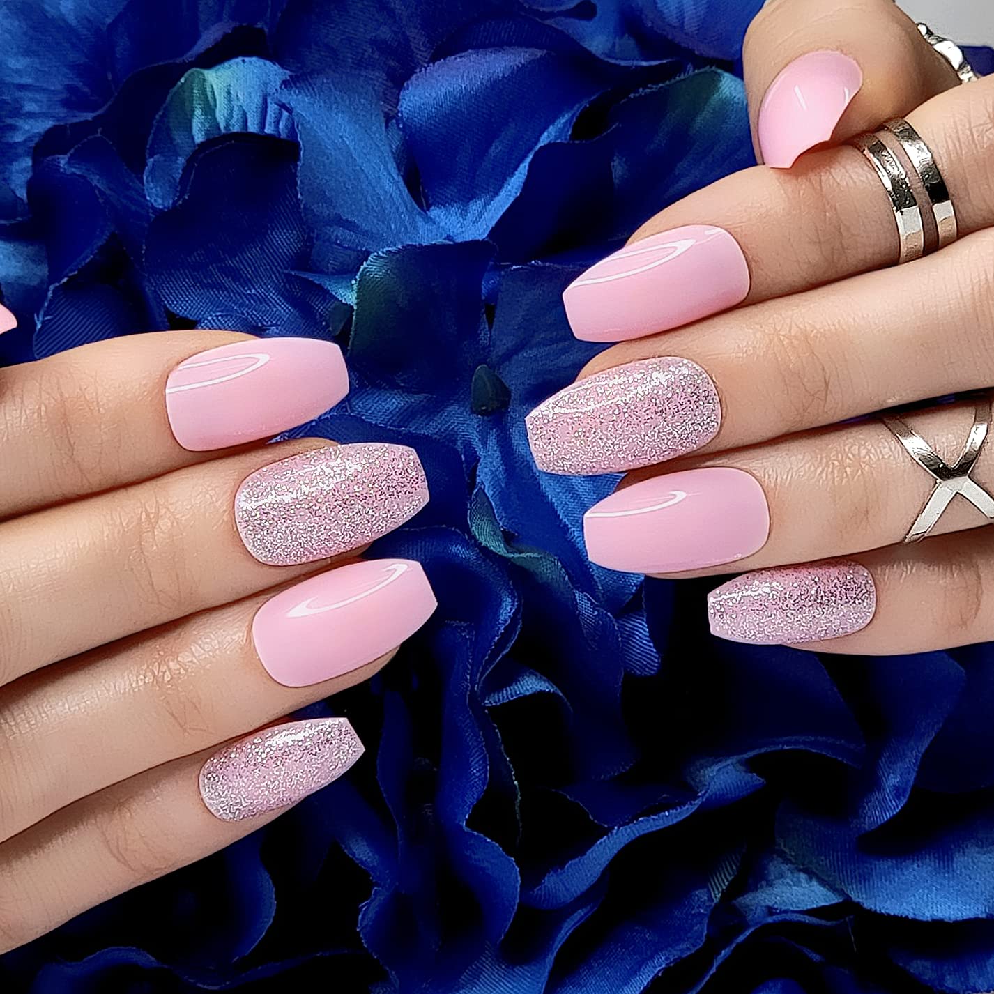 Hypnaughty 24 Pcs Pink Ballerina Press On Nails with Glue Medium Short Length Fake Nails with Glitter Design Glossy Acrylic Press On Nails Full Cover (Pink)