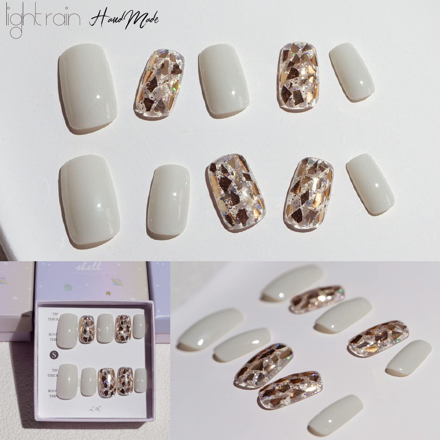 LIGHT RAIN Medium Press on Nails - Paris, Luxury Bling Reusable Seven Layers Gel UV Finish False Nails, Handmade Nail Art with Design by Licensed Manicurist, Medium Square Shape, Large Size