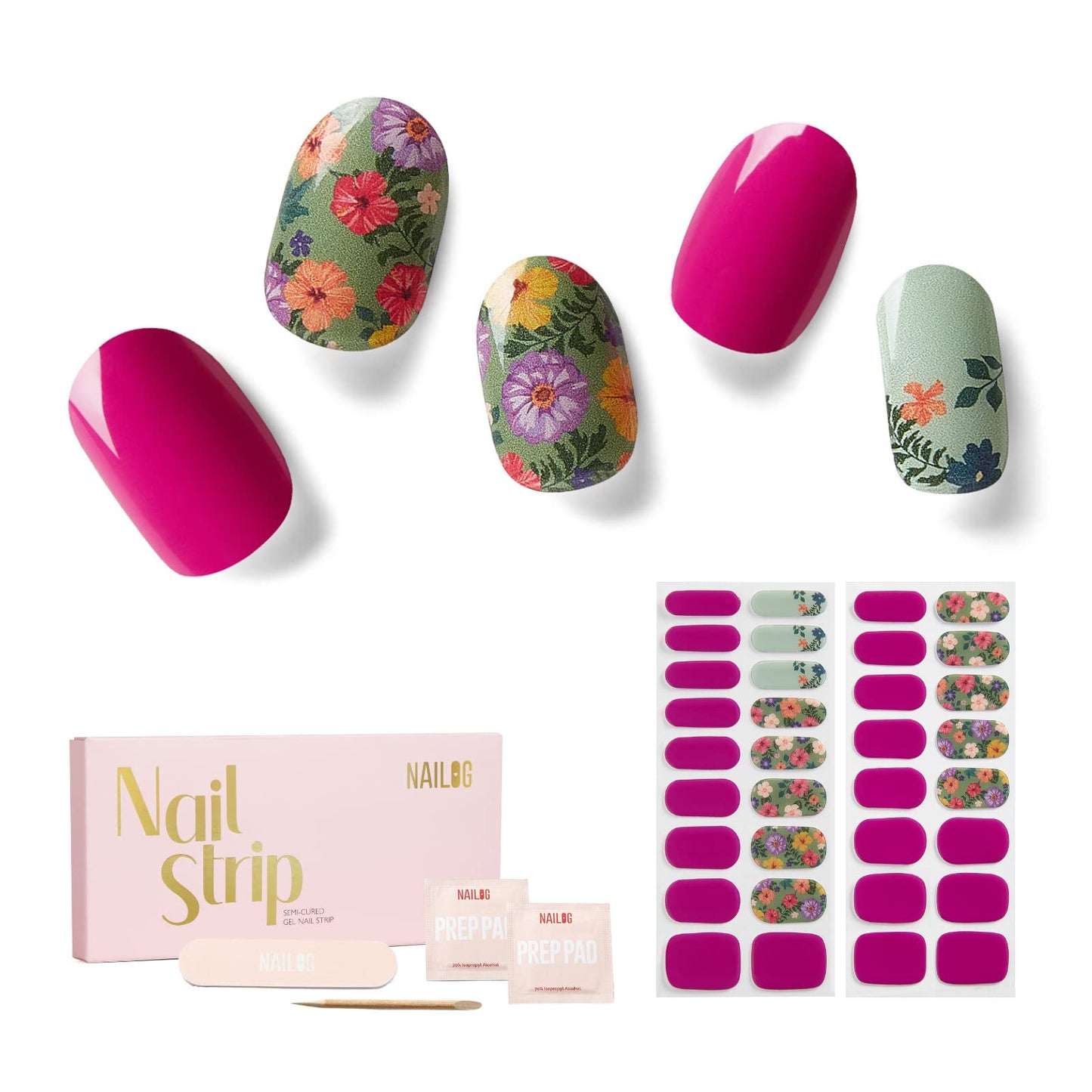 Nailog Semi Cured Gel Nail Strips 34 pcs| Long Lasting Nail Polish Sticker Wraps with Glossy Gel Finish, Retro Jungle