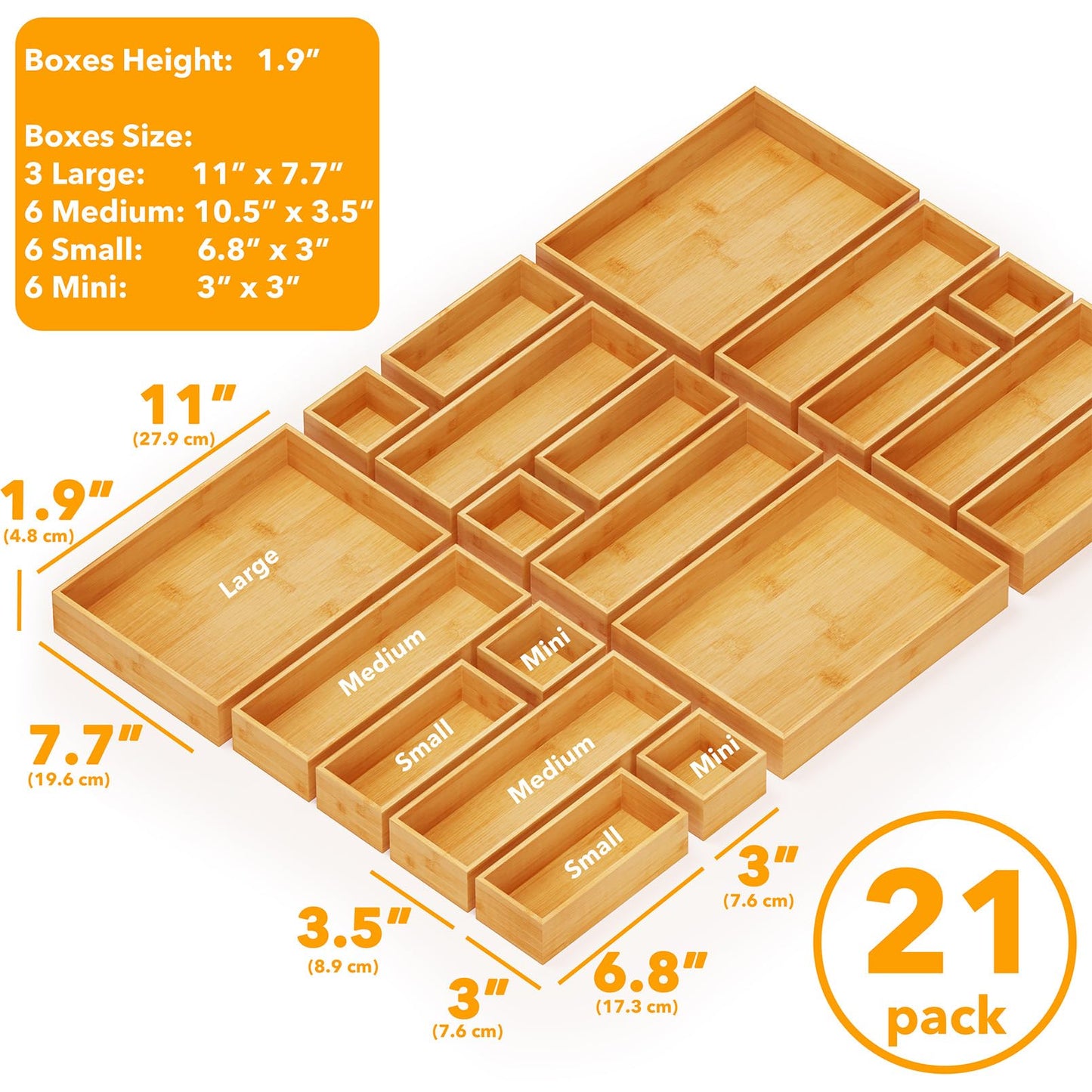 SpaceAid 21-Piece Bamboo Drawer Organizer Storage Boxes Set, Wood Tray Junk Drawer Organizers Multi-Use Divider Bins for Kitchen, Bathroom, Office Desk and Makeup Organization (21 Pack, Natural)