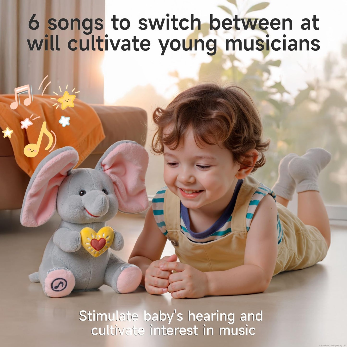 eJog Pup Peek a Boo Elephant Toy, Interactive Singing Plush Elephant Toy with Flapping Ears and Hearts, Musical Stuffed Animal for Babies and Toddlers