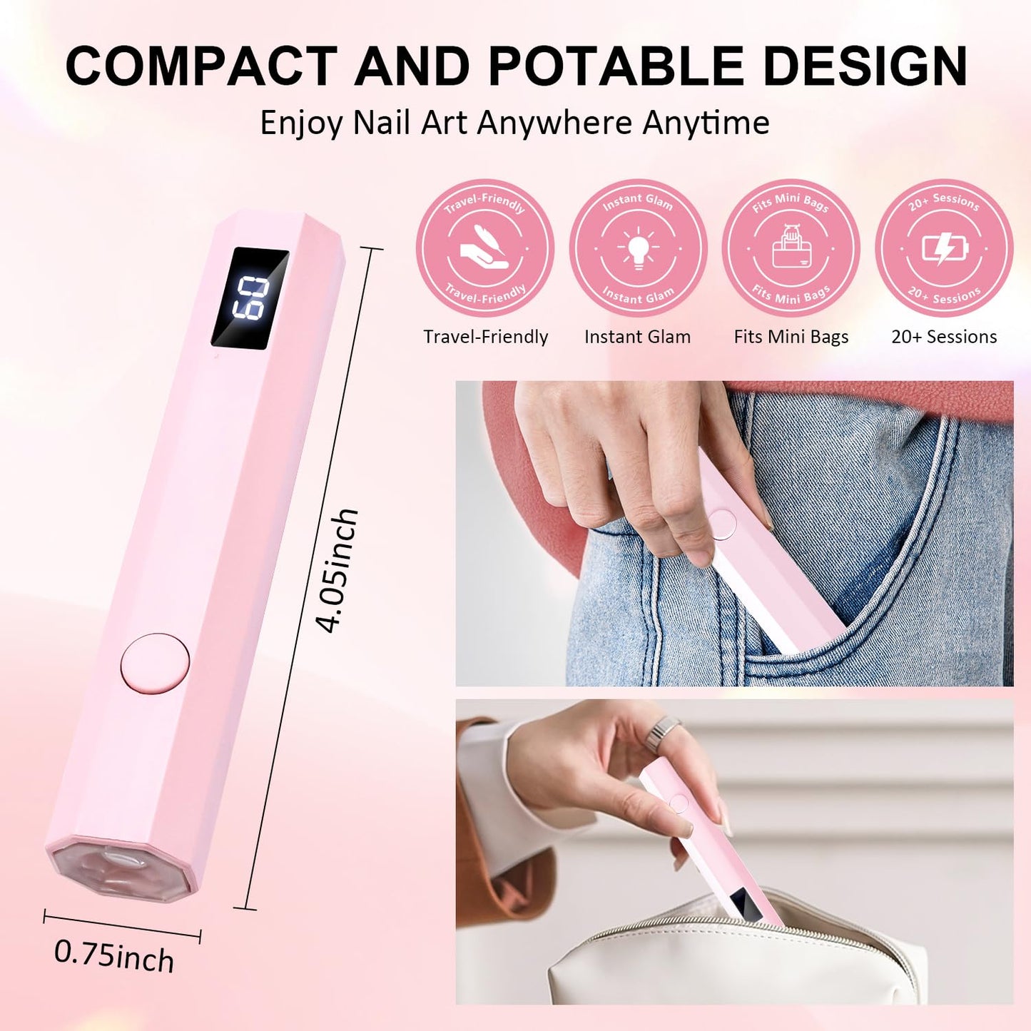 Cordless Mini Nail Lamp LEDSUUEI【Skin-Safe Curing】Portable Handheld UV Light for Gel Nails Rechargeable, Fast Flash Cure LED Nail Dryer for Polish, Nail Strips Salon Home Travel with Stand, Pink