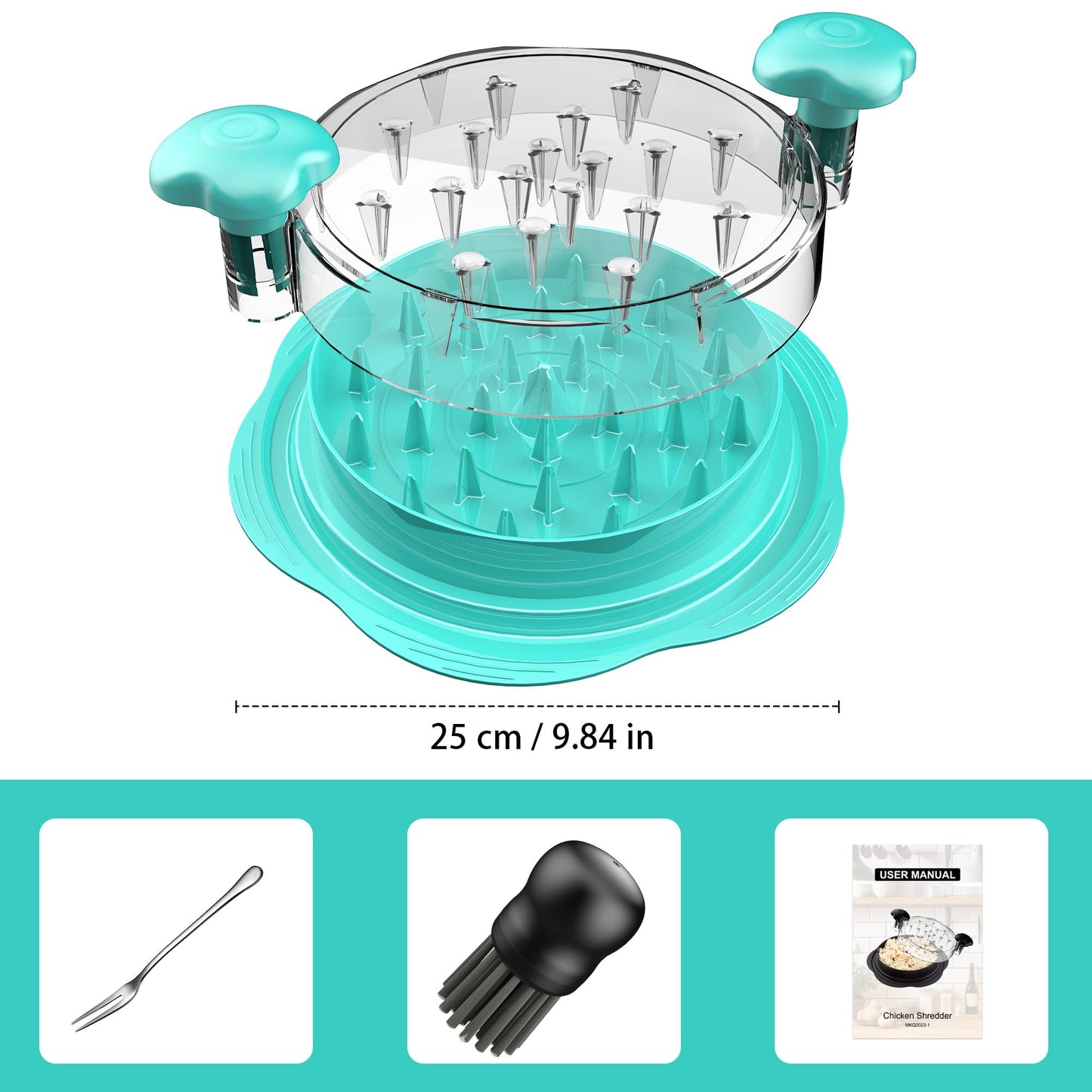 SURETIVIAN Chicken Shredder Large Chicken Breast Shredder Tool Twist with Brush&Fork, Visible Meat Shredder Machine, Anti-Slip Strip, Ergonomic Handle, BPA Free, Pork Beef Chicken(Mint Green)