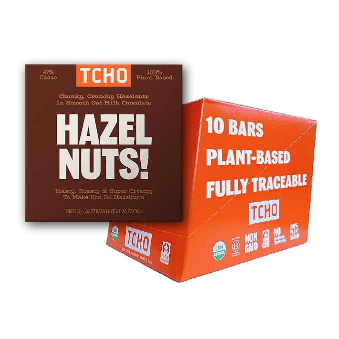 TCHO Organic Hazel Nuts Milk Chocolate Bars - Vegan, Non-GMO Treat w/Toasted Hazelnuts - 100% Plant-Based, No Artificial Ingredients, 10-Pack (2.5oz each) Perfect for Mother's Day, Christmas & more
