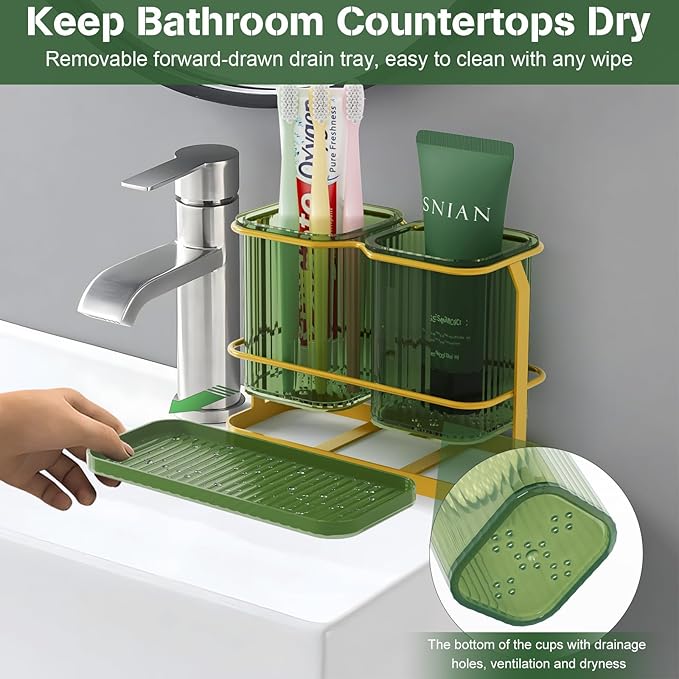 Countertop Toothbrush Holders, Wall Mounted Electric Tooth Brush Toothpaste Holder for Bathroom with Hook, 2 Cups Toothbrush Organizer with Drain Tray Bathroom Accessories Storage (Green)