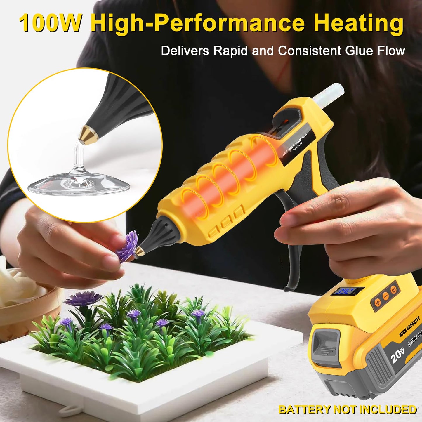 Cordless & Corded 2-in-1 Hot Glue Gun Compatible with Dewalt 20V Battery, 100W Digital LED Temp Adjustable Anti-drip Full Size Glue Gun with 1 replaceable nozzle & Glue Sticks (Battery Not Included)