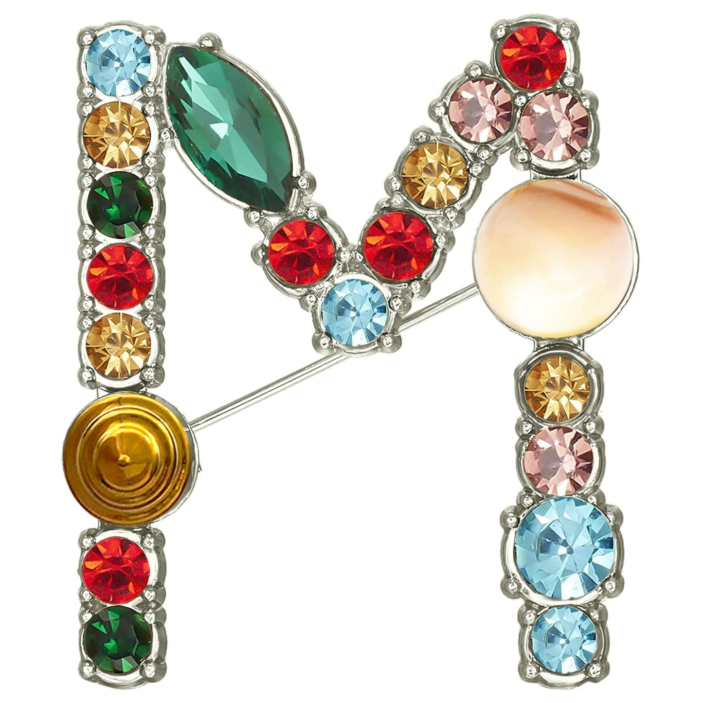 XGALBLA Letters M Plated Metal Stone Clear Colorful Crystal Lapel Pin Brooches Collar(Silver Tone)