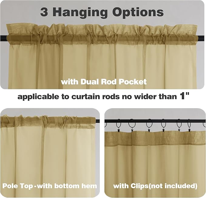 Chyhomenyc Gold Sheer Curtains 54 Inch Long 2 Panels Set, Short Voile Rod Pocket Drapes for Dinning Small Windows Bathroom Living Room Bedroom, Each 42Wx54L in, 2PCS, Gold