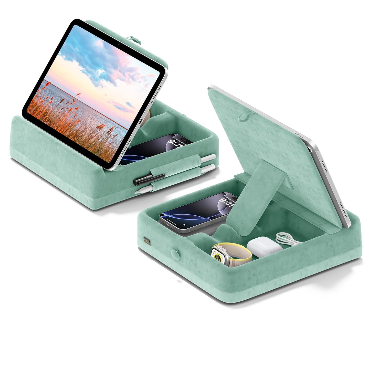 KDD Tablet Pillow Stand with Storage, Foldable iPad Holder for Bed, Lap and Desk, Angle Adjustable Soft Pad Dock with Stylus Mount Compatible with iPad Pro 12.9, 11, Air, Mini, Phones, Books (Green)