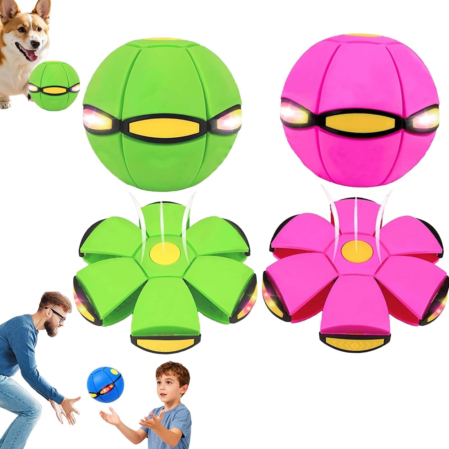 2PCS Magic Bouncing Ball, Magic Meta - Ball, Children's Magic Bouncing Balls, Dual Form Flying Saucer, Parent-Child Interaction with 3 Light Suitable for Indoor & Outdoor Play Green and Blue