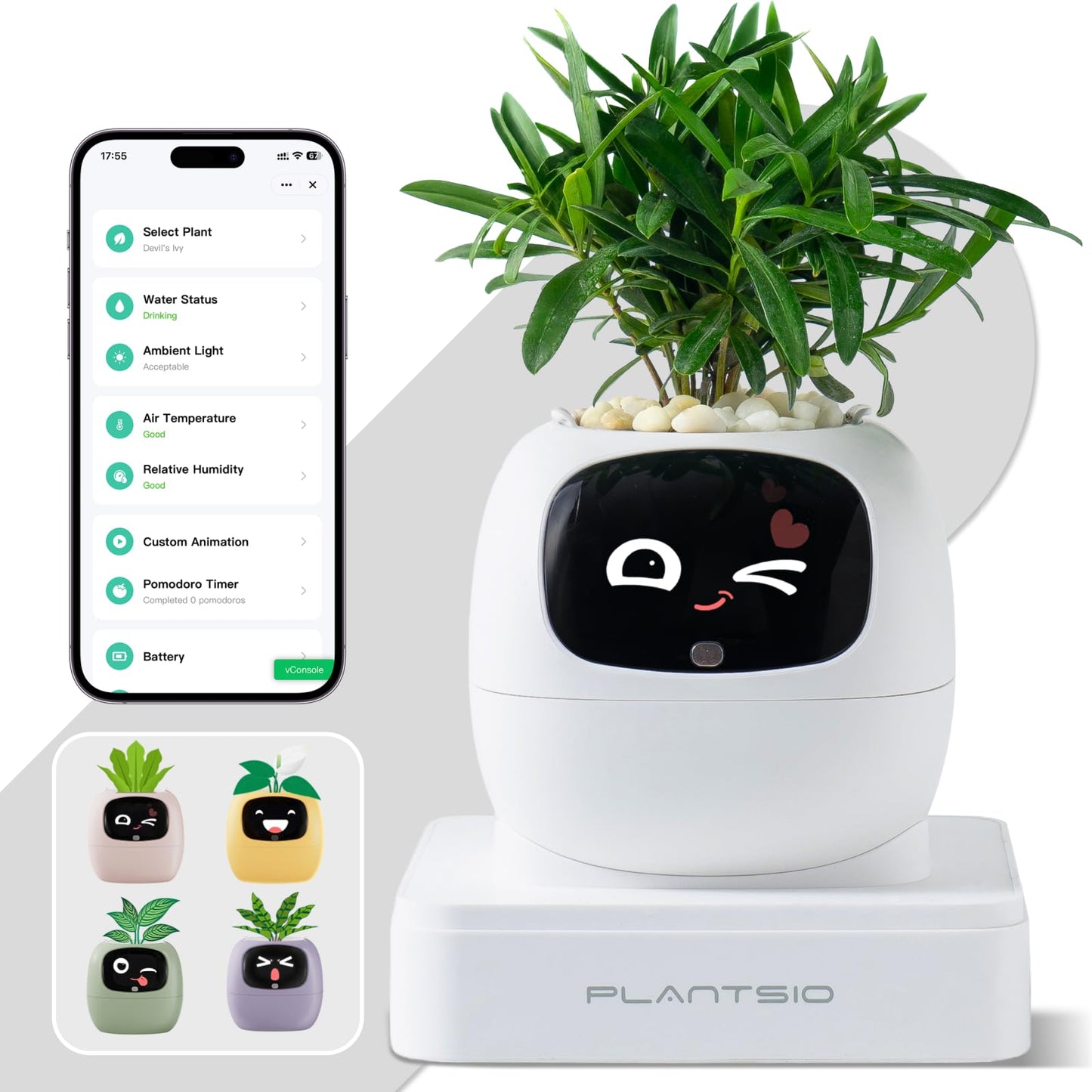Smart Plant Pot with Visual Display – Soil Moisture, Water Level, Light & Battery Monitor, 80ml Self-Watering Reservoir, Supports 100+ Plants, Pomodoro Timer, Clock & Calendar-White
