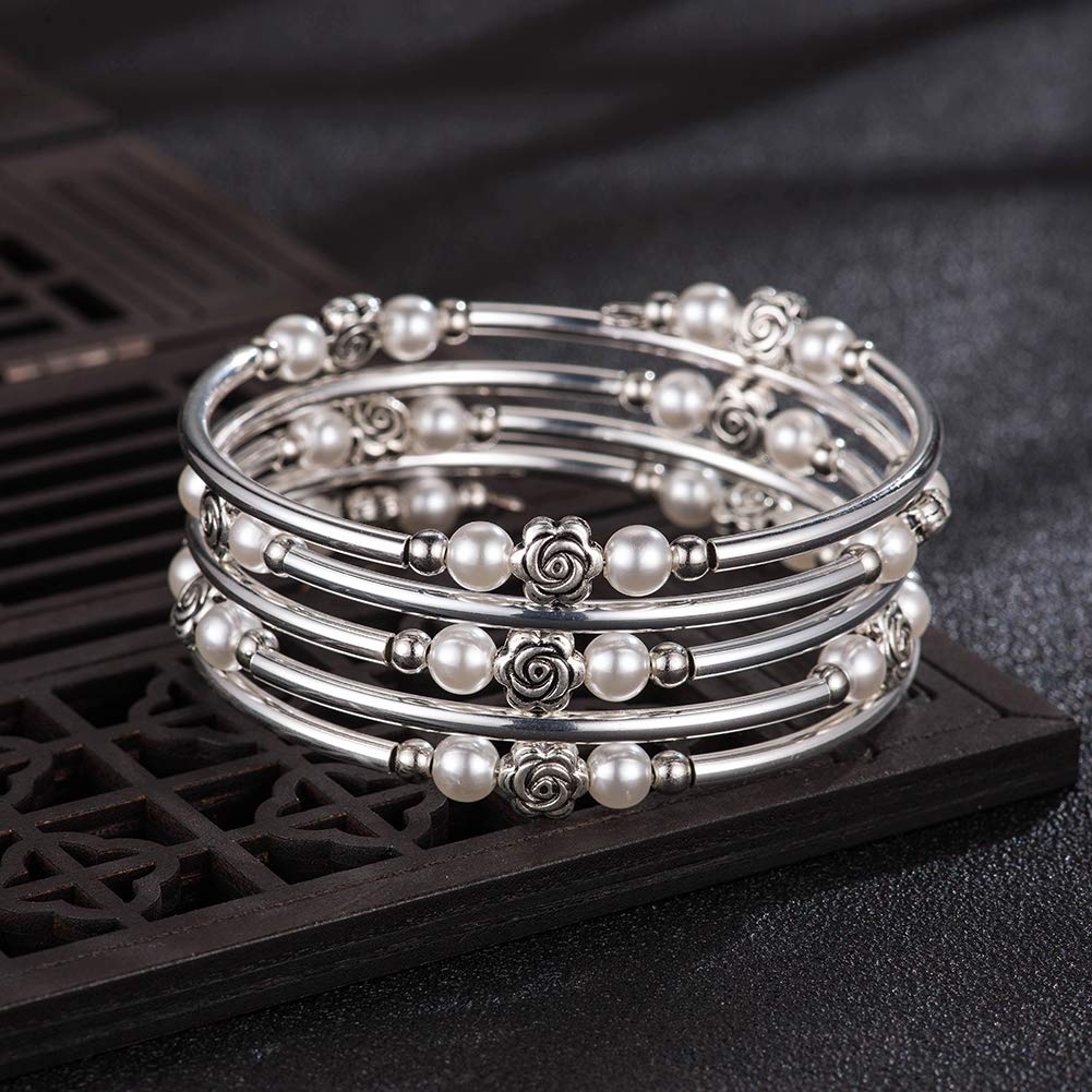 BULINLIN Wrap Bangle Rose Bead Bracelet - Beaded Bracelet with Natural Agate Stone Gifts For Women(01-White pearl)