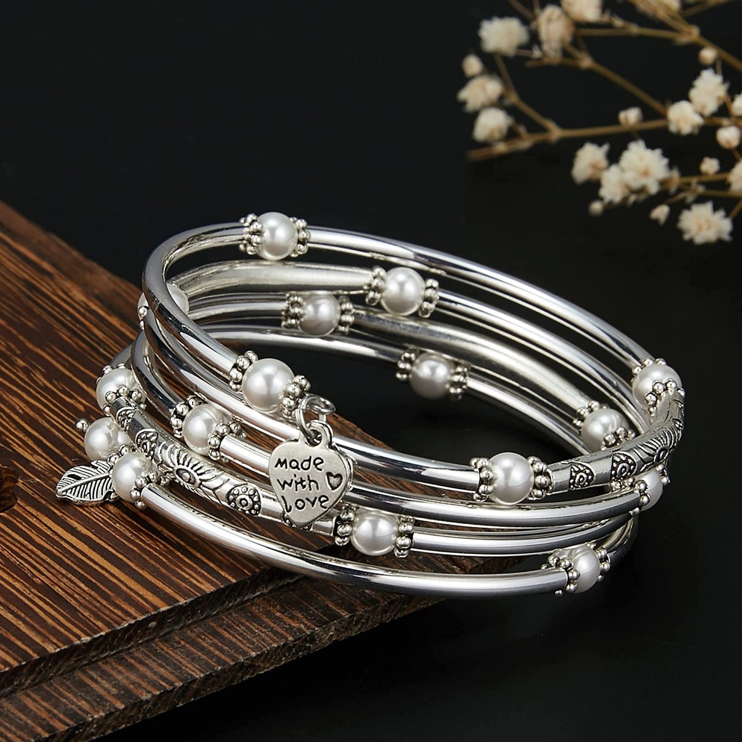 FULU AUTUMN Beaded Bangle Bracelets for Women Silver Wrap Bangles Bracelet Womens Costume Jewelry Fashion Gift(Pearl White)