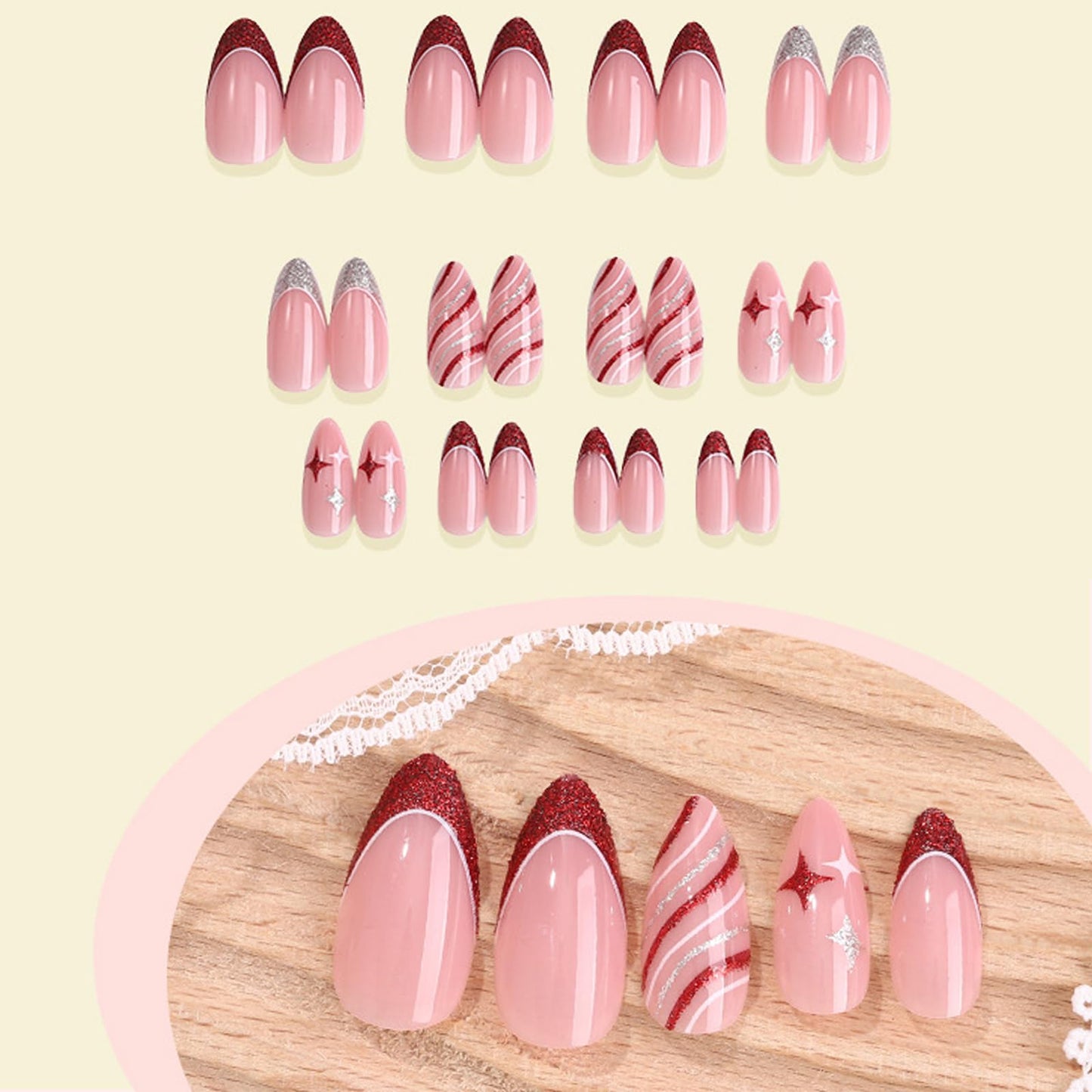 IMSOHOT Press on Nails Medium Almond Fake Nails Red Silver Glitter Glue on Nails Full Cover Cute Bling Star Acrylic False Nails