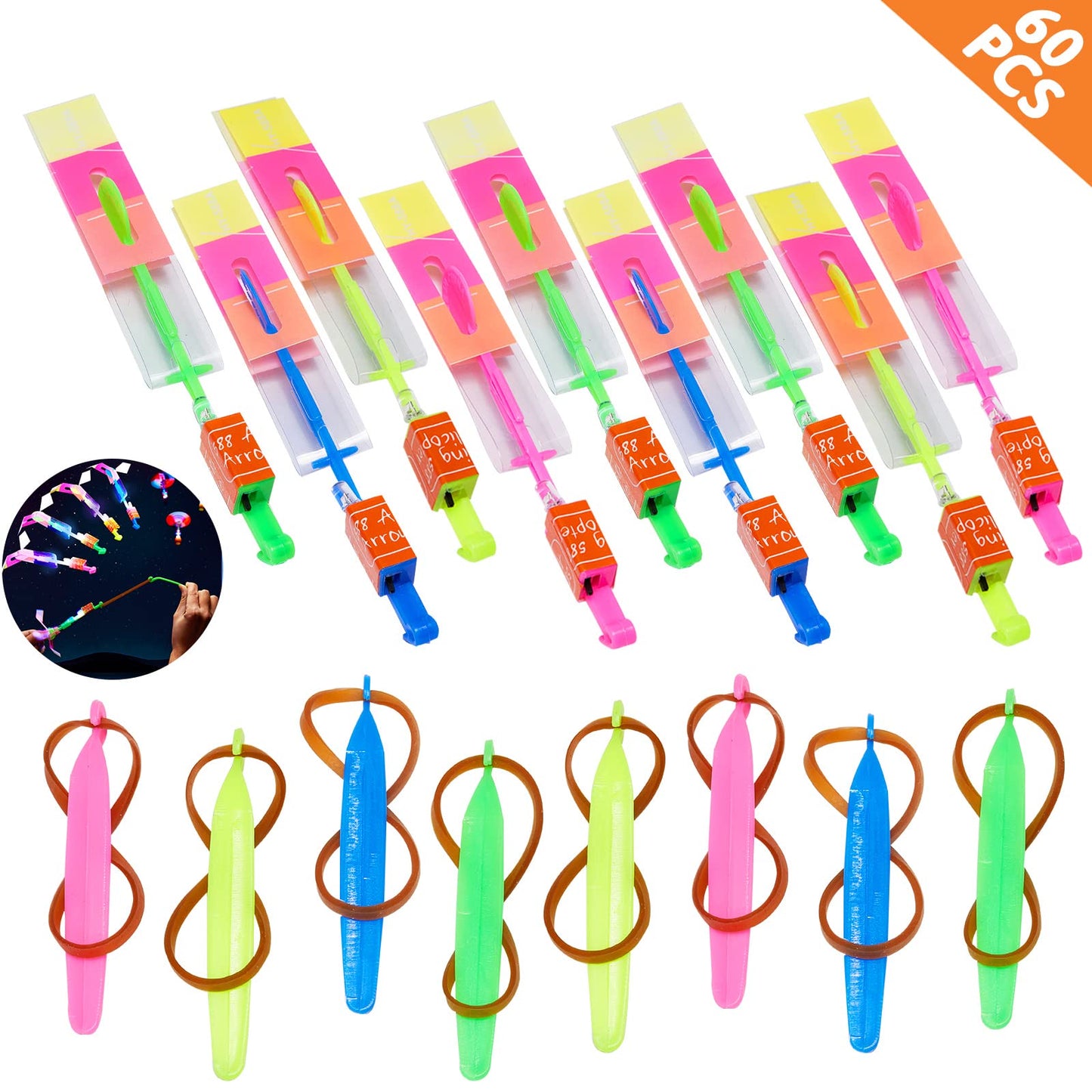 WELLVO 30 Pack Rocket Helicopter with LED Lights 30 Launchers + 30 Glow Rocket Helicopters Glow in The Dark Party Supplies Flying Outdoor Toys Party Favors for Kids 8-12,4-8