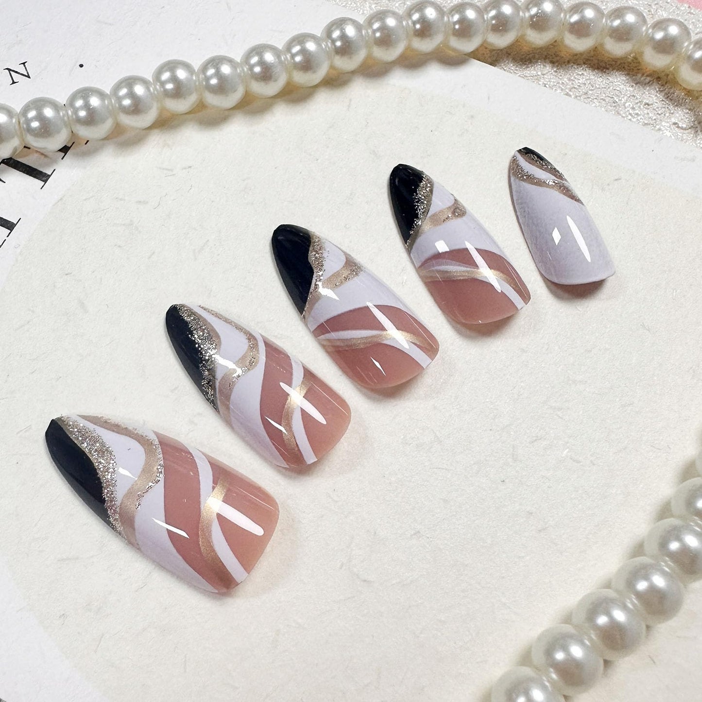 Almond Press on Nails Medium Fake Nails White False Nails Press ons with Designs White Black Glue on Nails Glossy Full Cover Acrylic Artificial Stick on Nail for Women Decorations 24Pcs