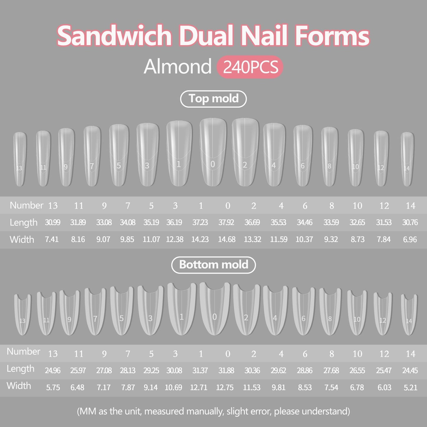 Sandwich Dual Nails Forms, Almond 240Pcs Double-Layer Nail Mold Set, 15 Sizes Top and Bottom Molds Plastic Forms for Builder Gel Nail Extensions, Salon Nail Art Tools At Home