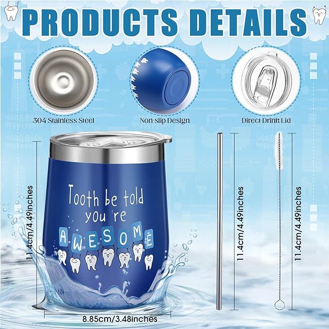 Sliner 3 Pcs Christmas Dental Assistant Gifts Positive Dentist Dental Hygienist Gifts Accessories Inspirational 12oz Tumbler Tote Bag Funny Teeth Stress Toy for Women Students Nurses Doctors(Blue)