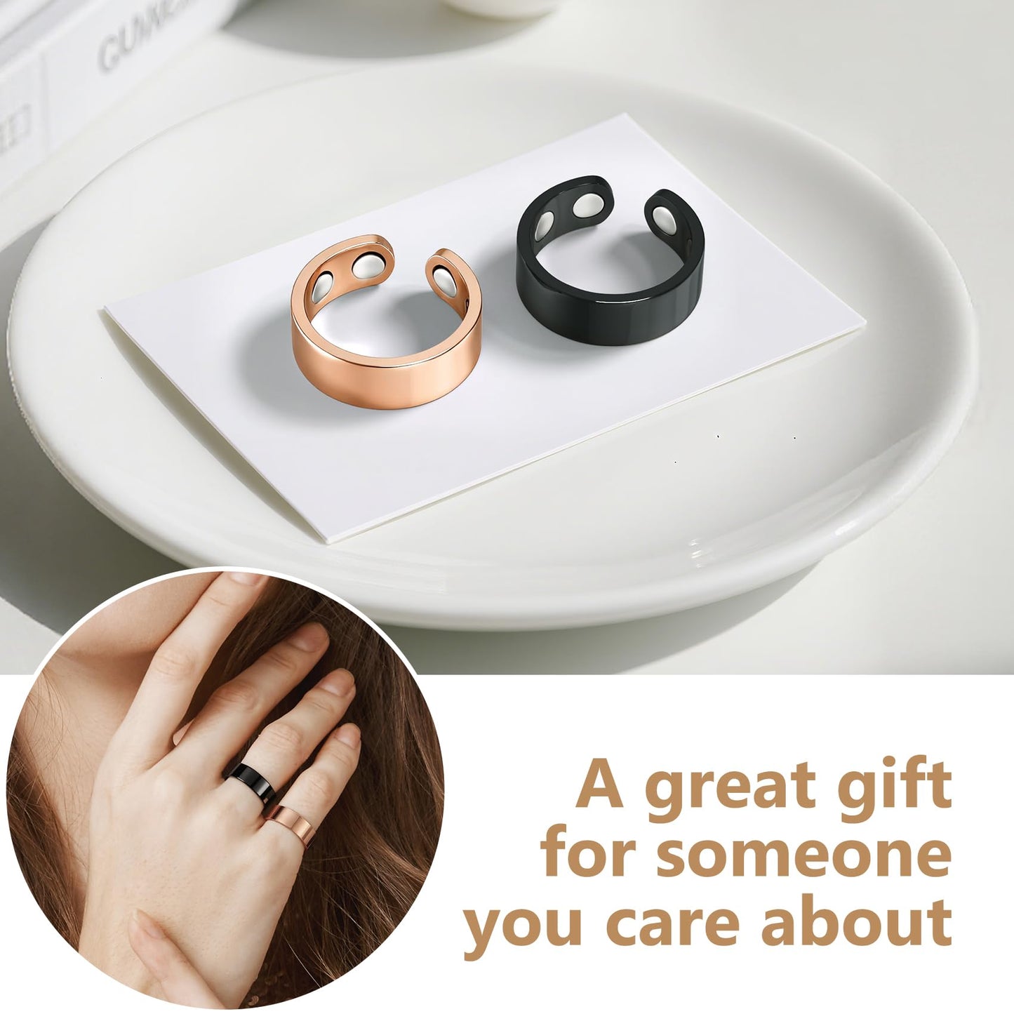 Feraco 2 PCS Magnetic Therapy Rings for Women,Stainless Steel Thumb Ring with Magnets,Black & Rose Gold