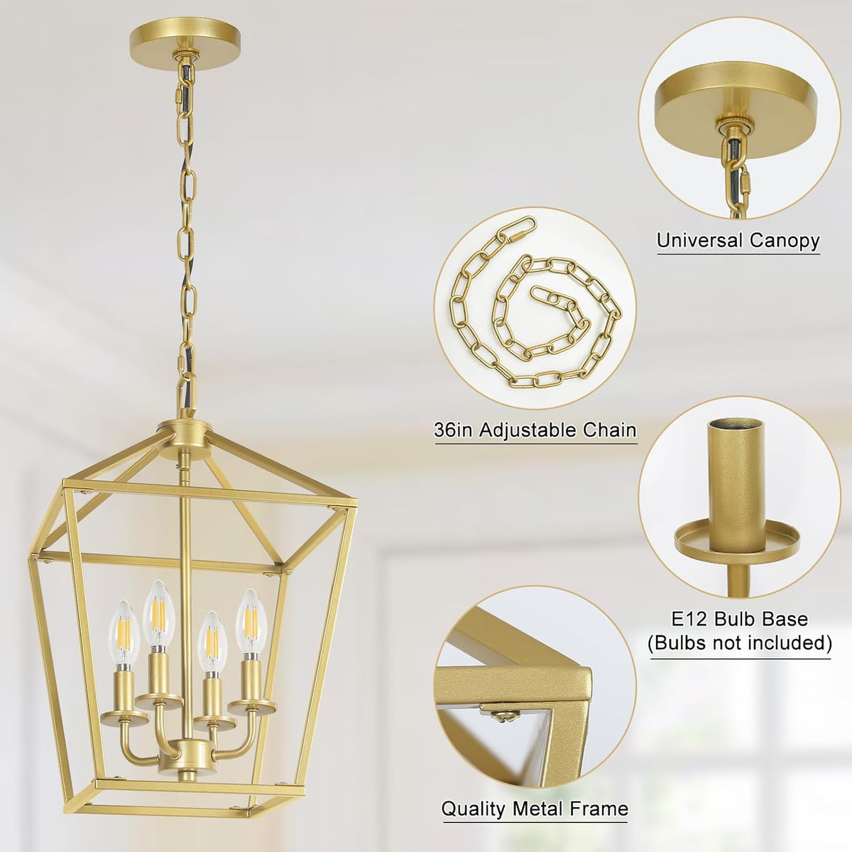 4 Light Gold Chandelier, Industrial Ceiling Light Lantern Light Fixtures with Farmhouse Metal Cage Adjustable Height Rustic Geometric Hanging Light E12 Base for Kitchen Island, Entryway, Indoor
