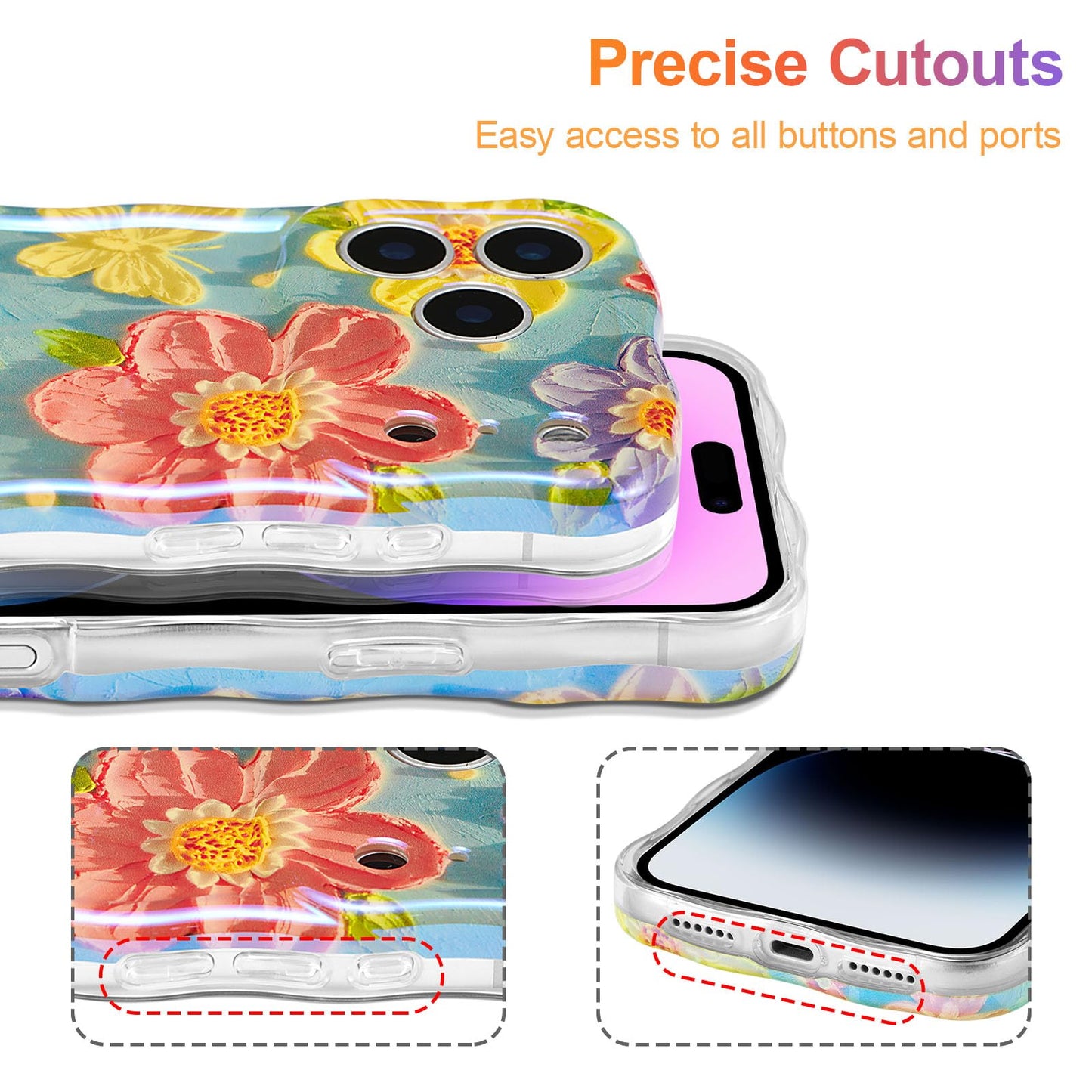 EYZUTAK Case for iPhone 17 Pro, Colorful Retro Oil Painting Flower Laser Glossy Pattern Cute Curly Wave Edge Exquisite Phone Cover Stylish Durable TPU Protective Case for Women - Butterfly Flower