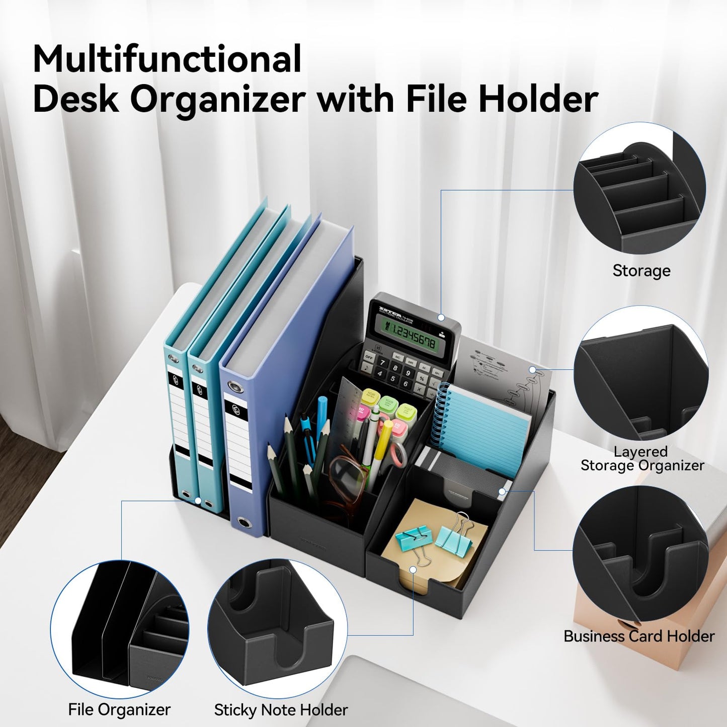 KONDOUND Magnetic Desk Organizer Set - Multifunctional PU Leather Desktop Storage with File Holder, 5-Tier Storage Box, Card and Sticky Note Slots, Office Supplies Accessories for Desk & Workspace