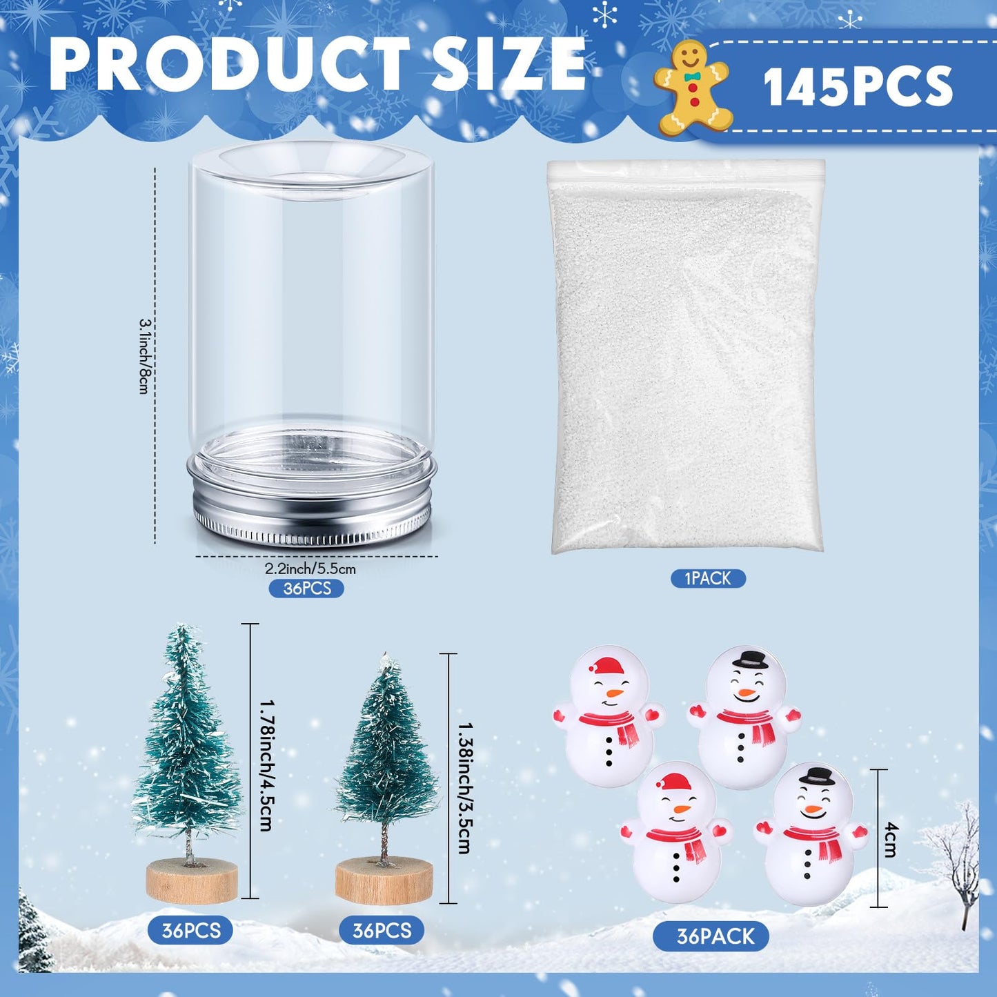 Jerify 36 Sets Christmas Plastic DIY Snow Globes Kit for Craft Adult Includes 36 Clear Snow Globe 3.1", 72 Mini Pine Tree with Base, 36 Miniature Snowman and Fake Snowflake for Table Home Xmas Decor