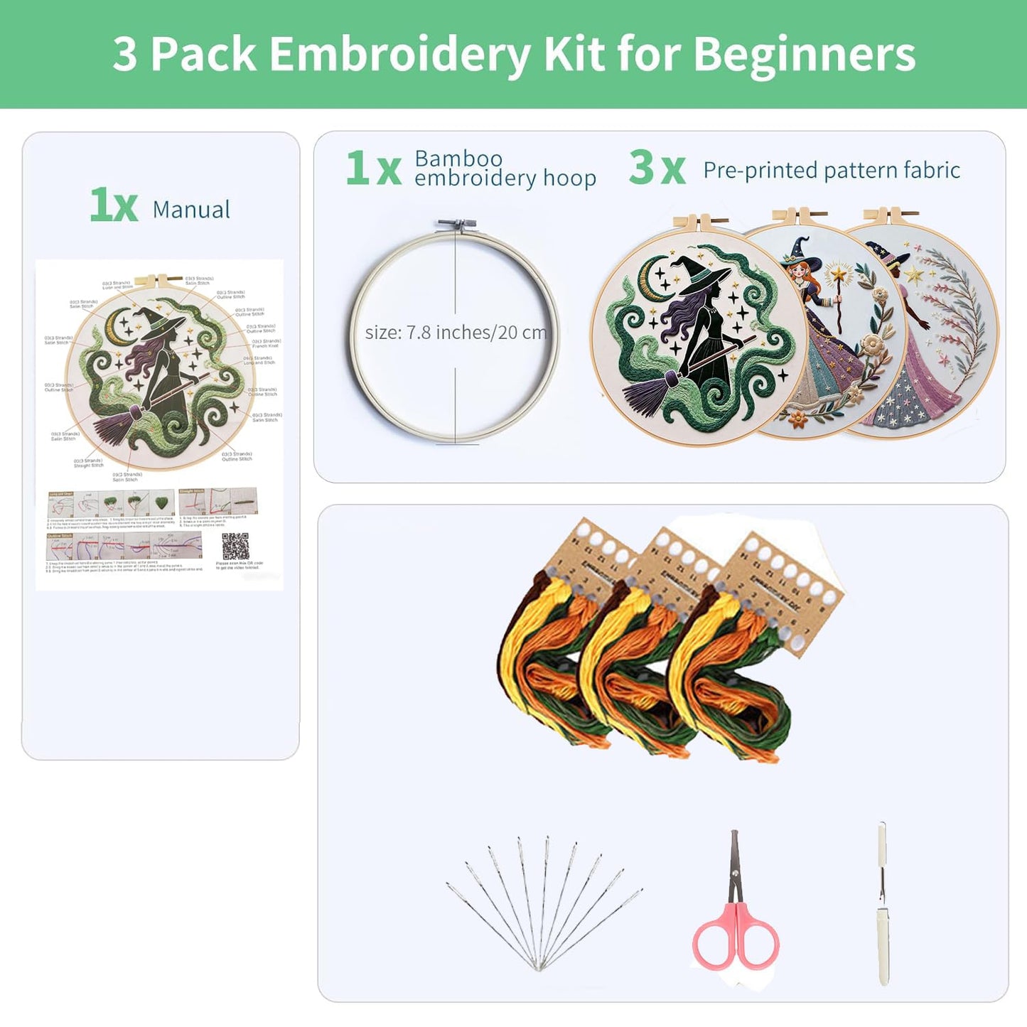 JinyunDengtu Embroidery Kit for Beginners, 3-Pack Witch Themed Needlepoint Starter Set with 7.8" Bamboo Hoop, Pre-Printed Patterns & Full Supplies, DIY Art Craft Kits for Adults & Teens (Gift-Ready)