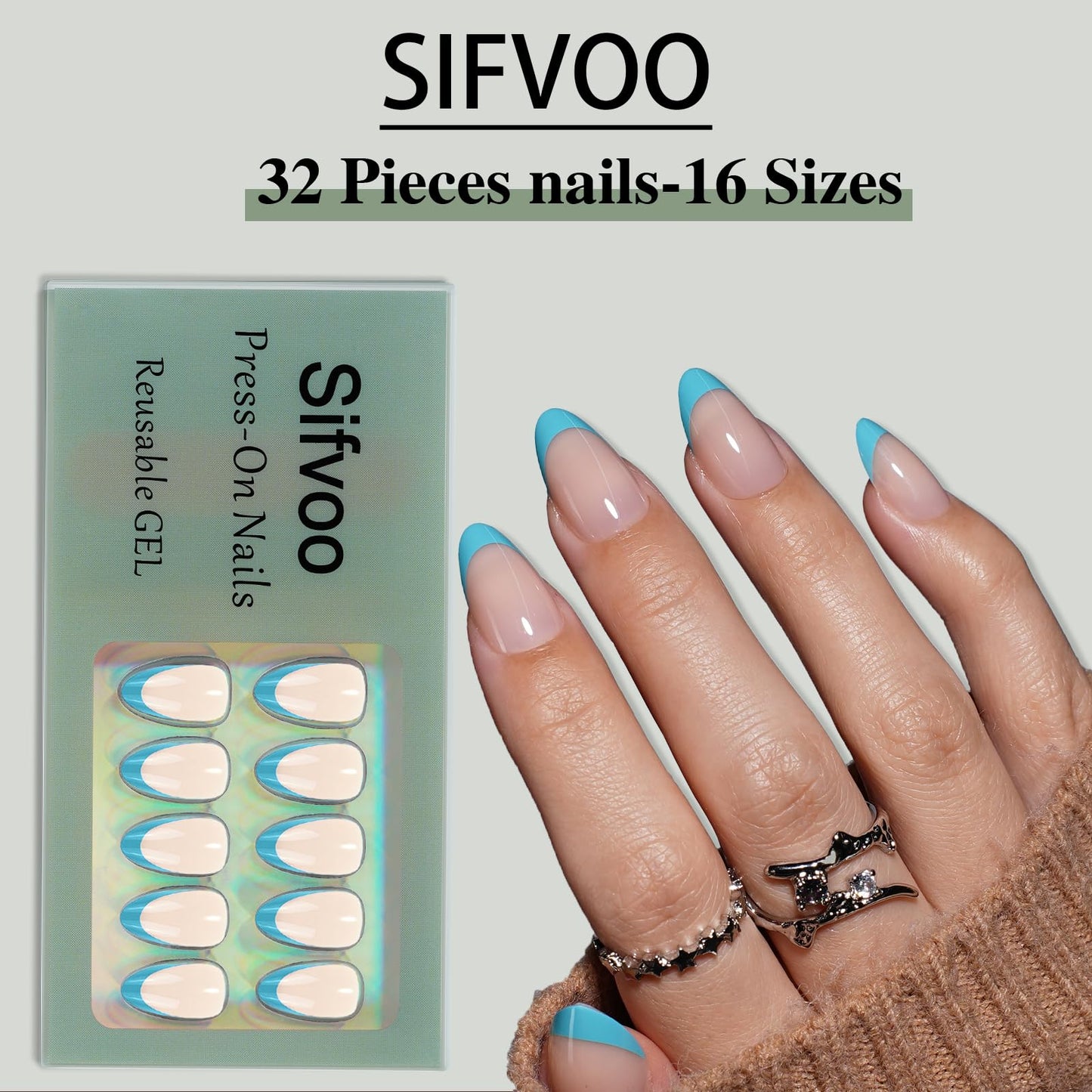 Sifvoo Blue French Tip Press On Nails Short Almond, Glossy Reusable Press On Nails for Women, 32 Count 16 Sizes Nail Kit with Glue (SV-11)