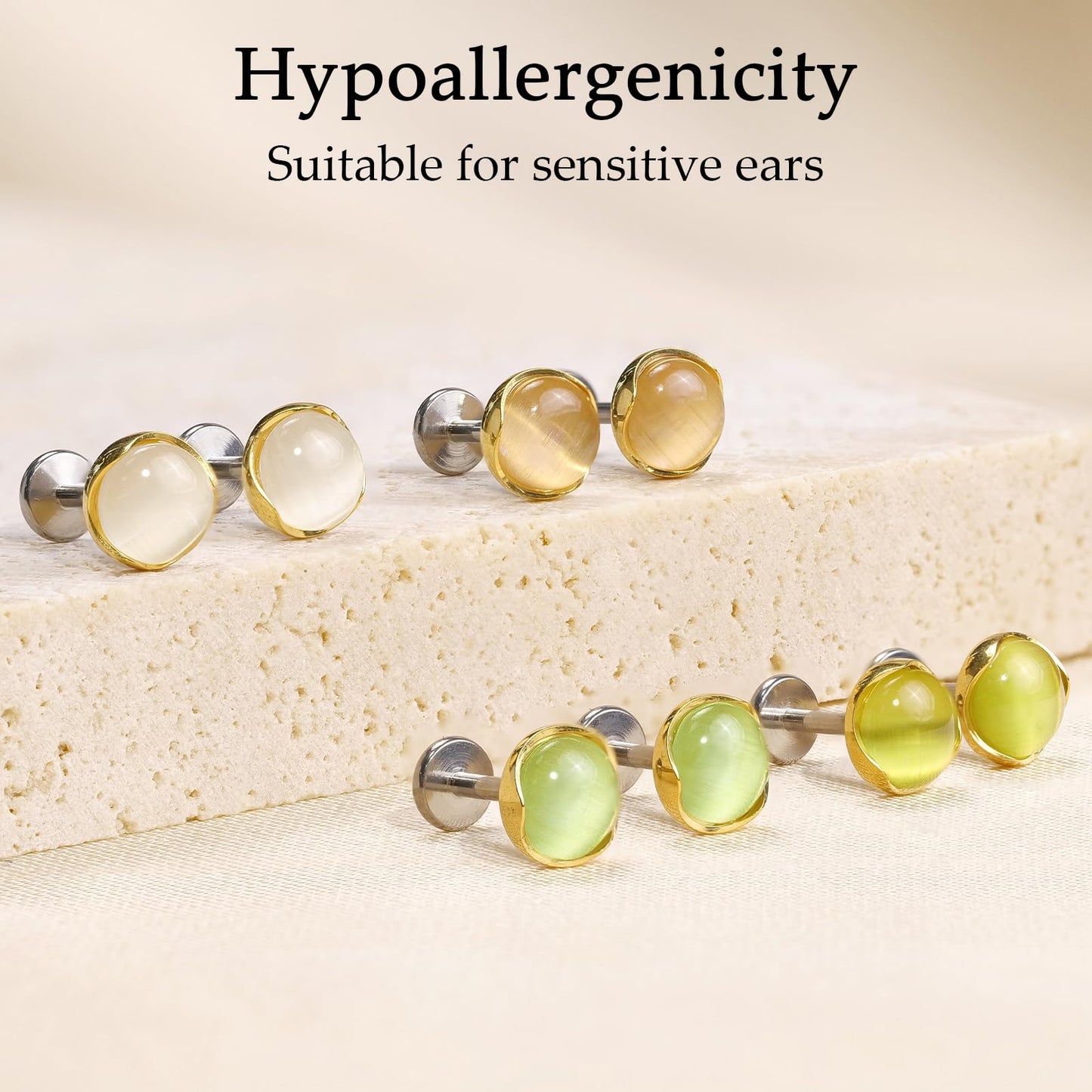 Limerencia Hypoallergenic Earrings for Sensitive Ears - 18G G23 Titanium Round Cat's Eye Push in Stud Earrings, Cartilage Stone Pierced Earrings for Women Men Gift,Light Green 4mm