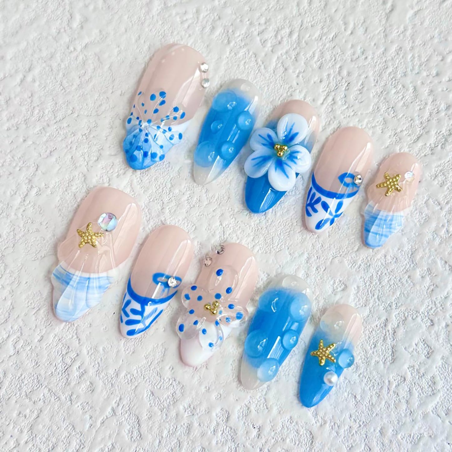 Luxury Press on Nails Medium Almond Handmade 3D Unique Reusable ABS Material Fake Nails Blue French Tip False Nails with Designs Starfish Flower Art Petal Glossy Glue on Nails Thick Acrylic Nails(M)