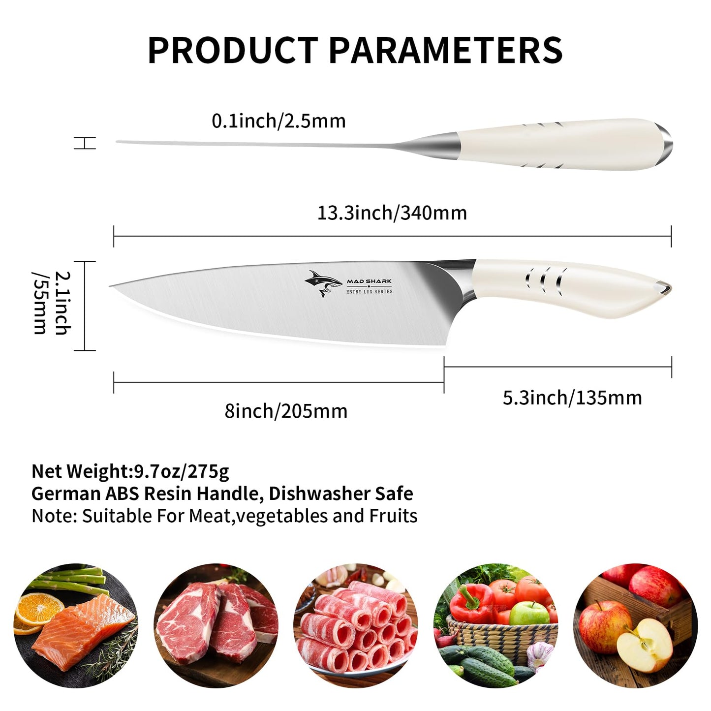 MAD SHARK Chef Knife 8 inch Kitchen Knife High Carbon Stainless Steel Sharp Chef's Knives with Ergonomic Handle, Cooking Knife with Gift Box, Birthday Gifts for Mom/Dad(White)