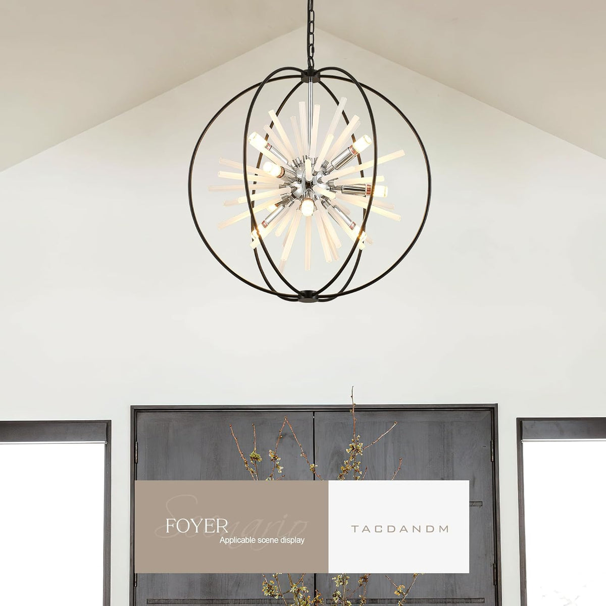 23.6" Black Chrome 12-Light Globe Sputnik Chandelier Modern Adjustable Hanging Ceiling Glass Tube Pendant Light Fixture for Entryway Foyer Staircase Dining Living Room Hallway