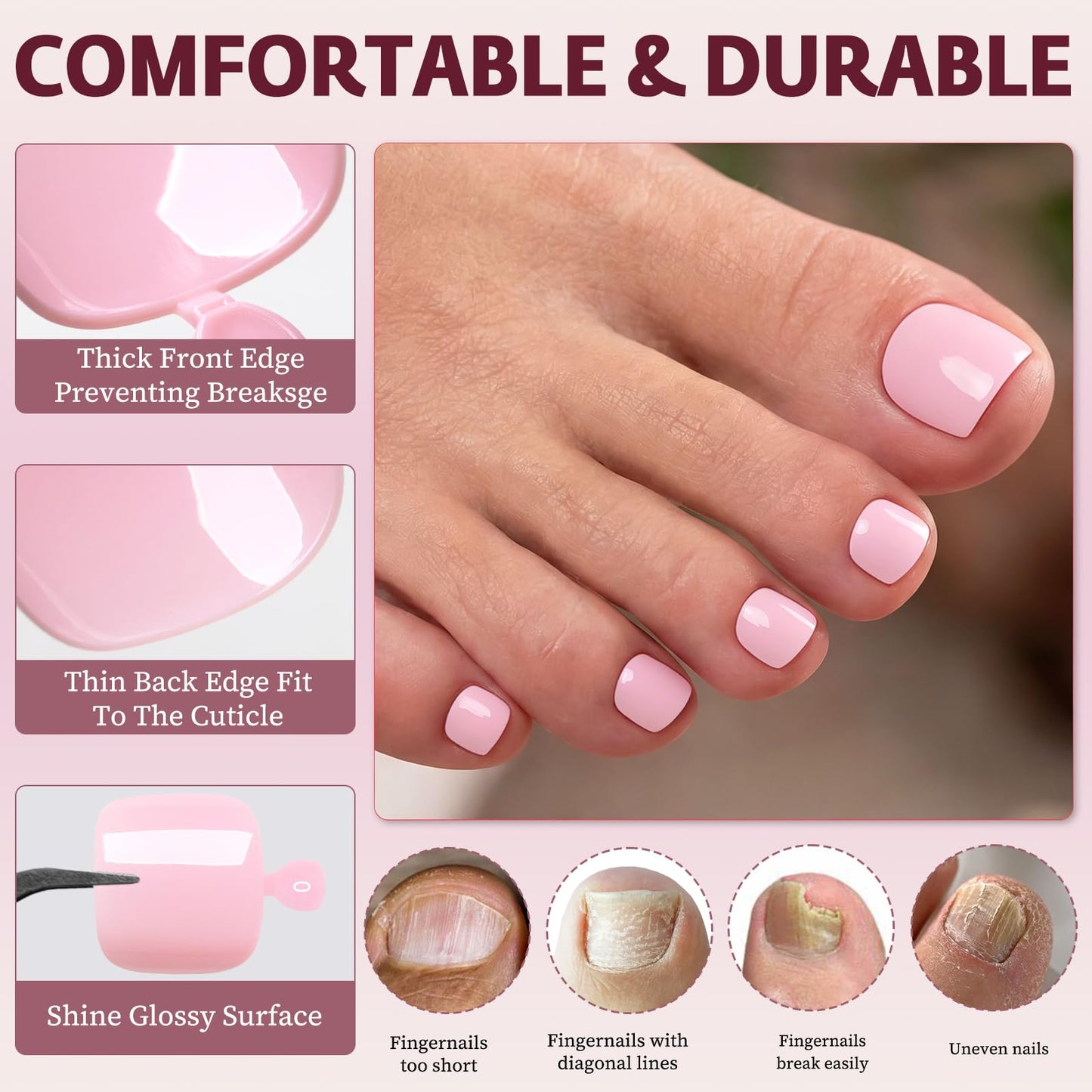120pcs Light Pink Press on Toenails for Women,Short Square Fake Toe Nails,12 Sizes False Toenails with Nail Glue and Adhesive Tabs