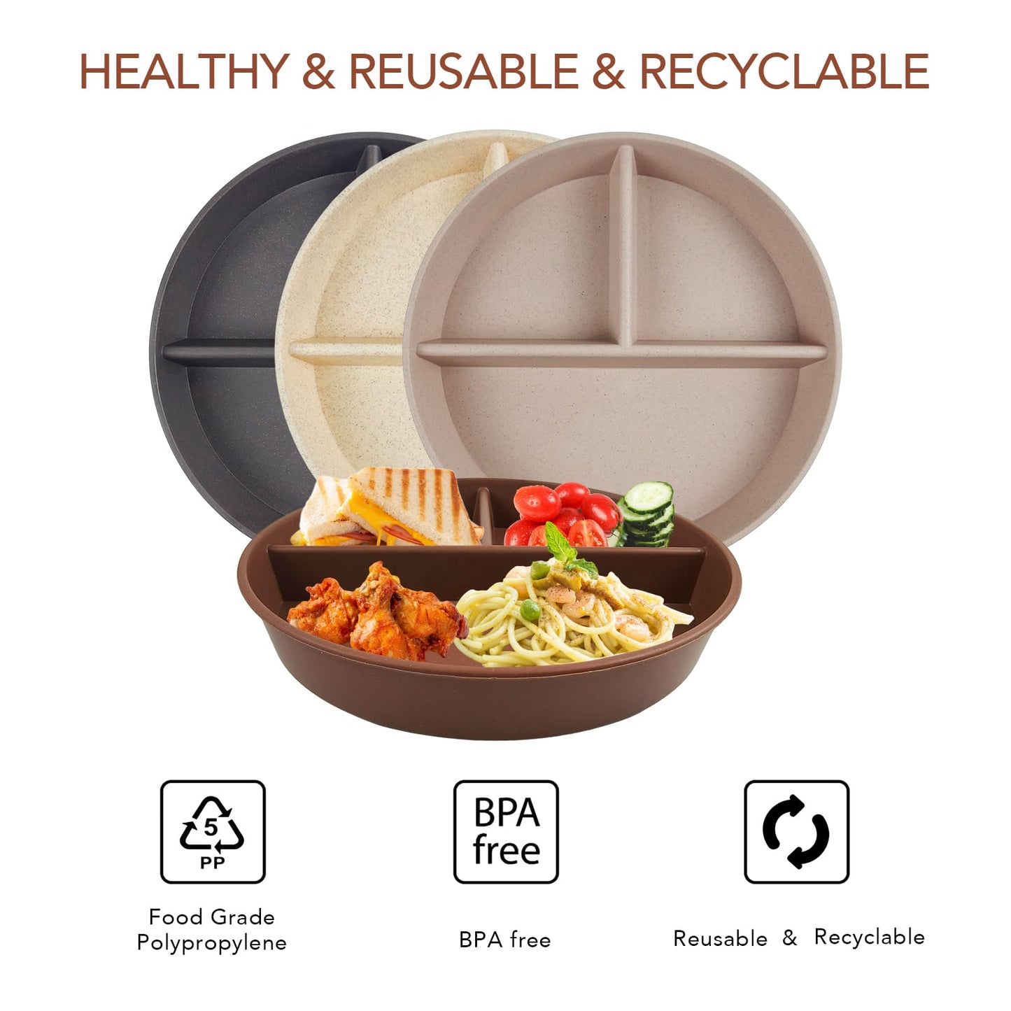 greenandlife 9 Inch 4PCS Portion Control Plates with Lids, Divided Plates for Kids Adults, Dishwasher Microwave Safe Compartment Plate, Unbreakable Lightweight Reusable Wheat Straw Plate, Earth Tone