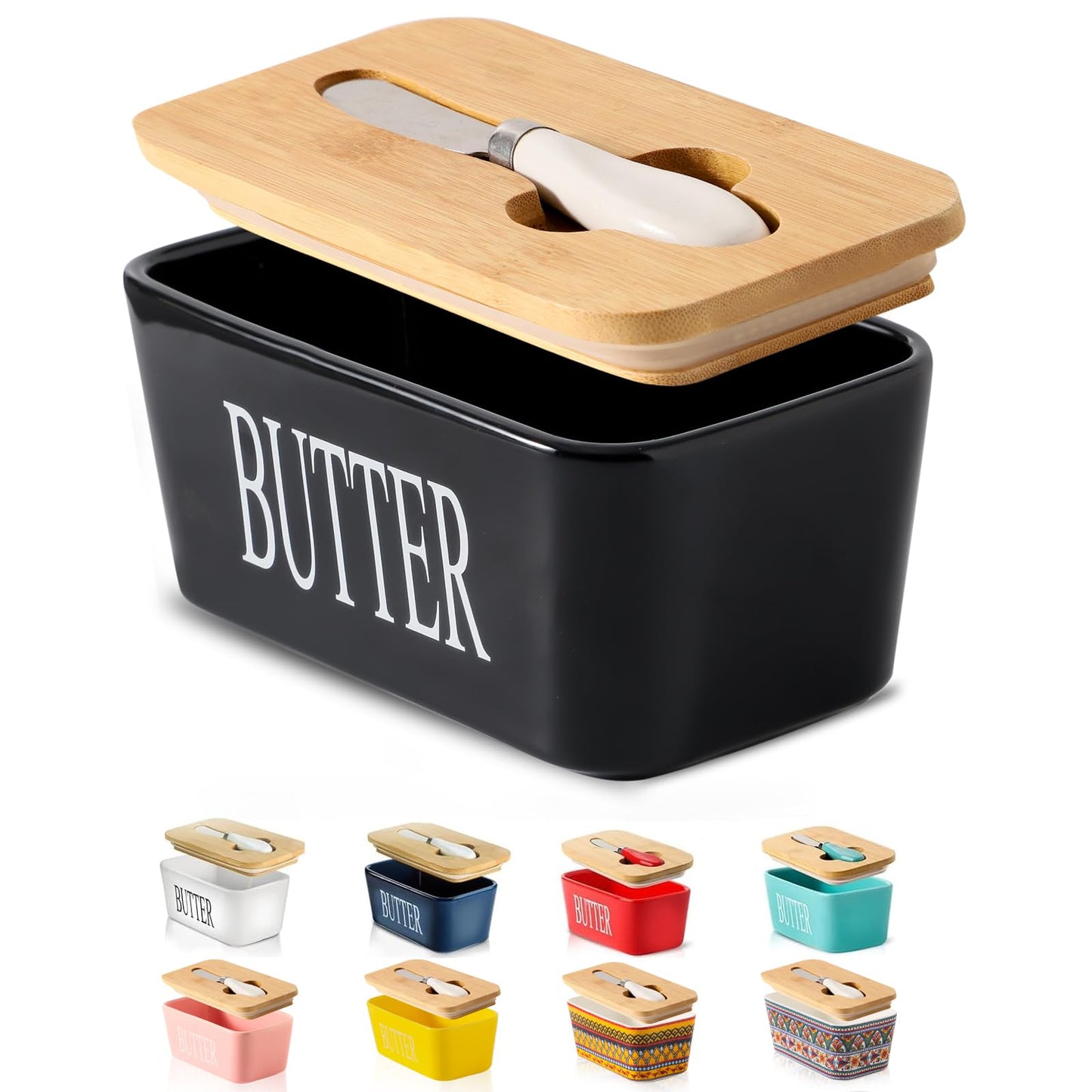 Hasense Butter Dish with Lid, Ceramic Butter Dish with Knife for Countertop, Airtight Covered Butter Keeper Container, Large Black Butter Holder for Refrigerator,Black