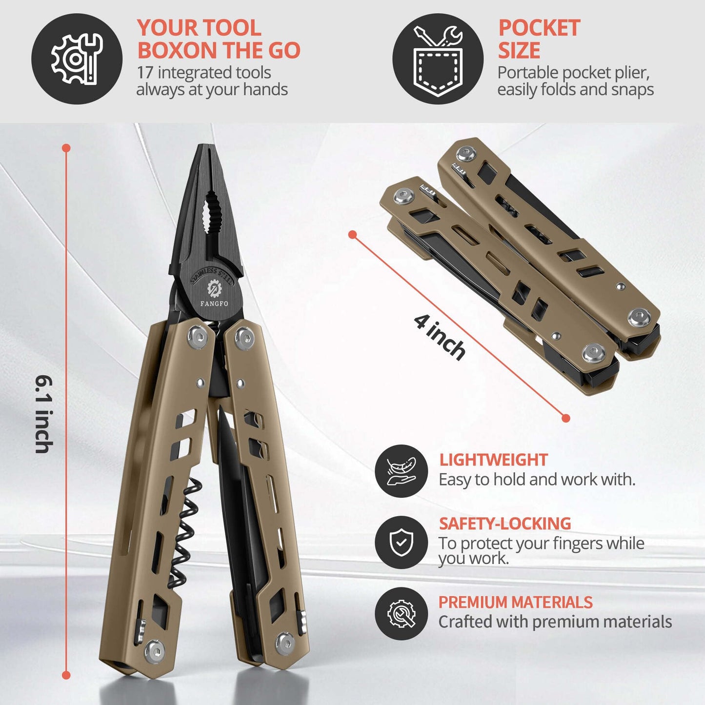 Multitool 17-in-1 Stainless Steel Multi Tool with Pocket Knife Needle Nose Pliers Bottle Opener Screwdriver Self-Locking Professional Multi-Tool for Outdoor Survival Gifts for Men(Brown)