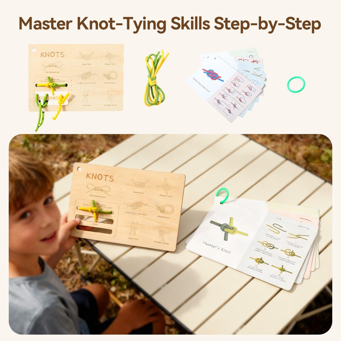 Kids Outdoor Explorer Kit Ages 4–8, Wooden Binoculars, Compass and Knot-Tying Board, Nature STEM Learning & Camping Toy Birthday Gift for Boys and Girls