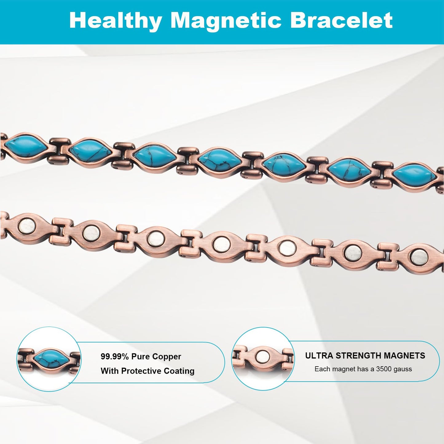 EnerMagiX Copper Bracelets for Women, Pure Copper Turquoise Adjustable Magnetic Bracelets, Copper Jewelry（0166）